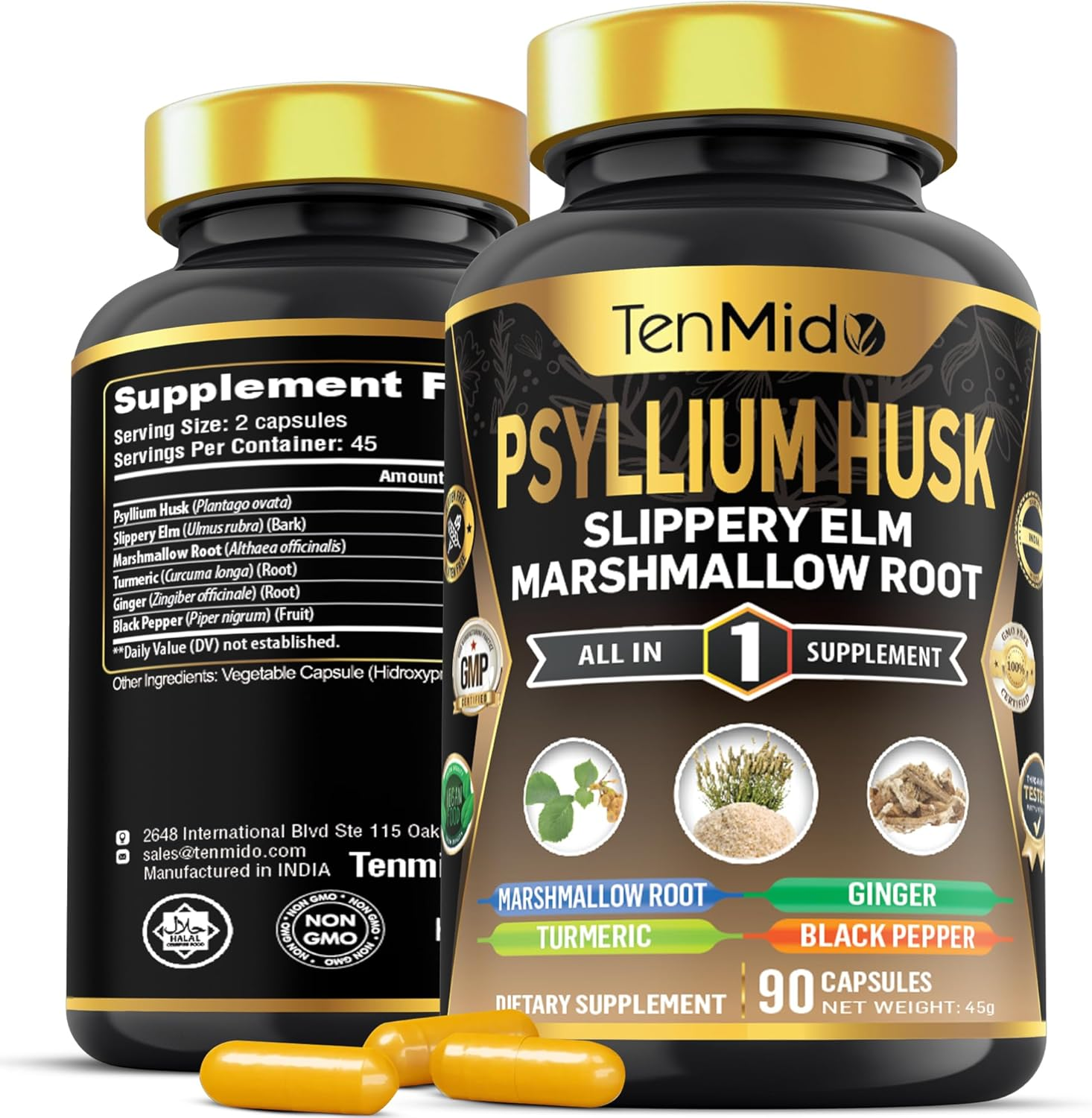 Tenmido Psyllium Husk Supplements - 6In1 with Slippery Elm, Marshmallow Root, Turmeric, Ginger & Black Pepper - Digestive Health - 90 Vegan & Non-Gmo Capsules image number 5