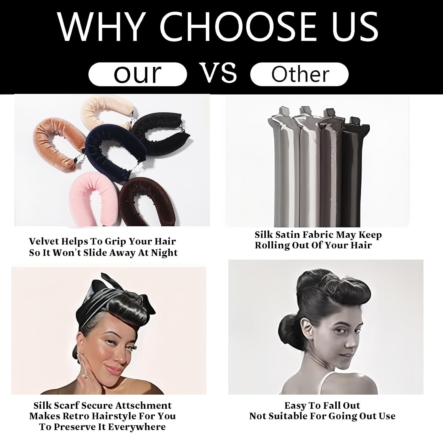 Heatless Hair Curler Rod Headband for Women Girls, Sleep Overnight Heatless Curling Rollers Set Styling Tools, 4 Pack Black Curling Rods with One Silk Head Scarf image number 2