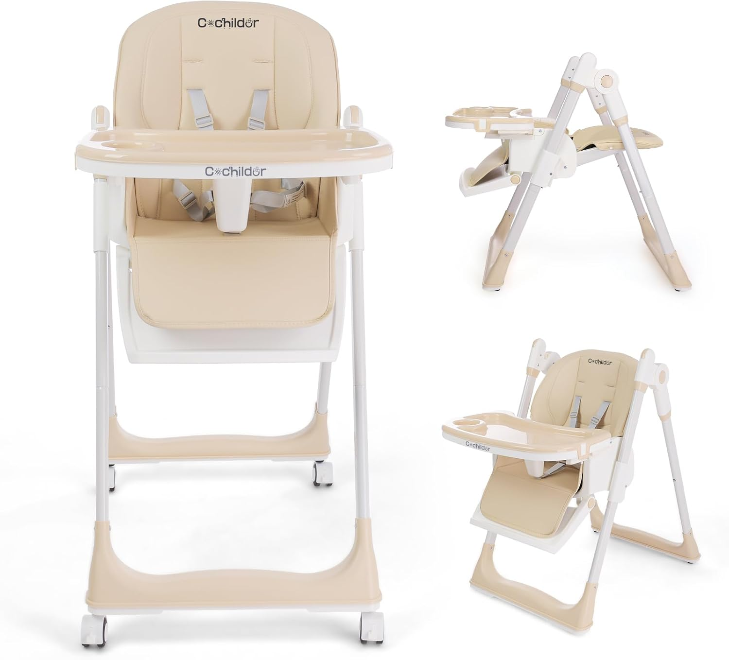 Cochildor 3 In1 High Chair, Easy Clean Foldable Highchair with Adjustable Height, Reclining Mode, 5-Point Safety, Removable Tray, Lockable Wheels, Washable Cushion, Idealfor Babies & Toddlers, Grey
