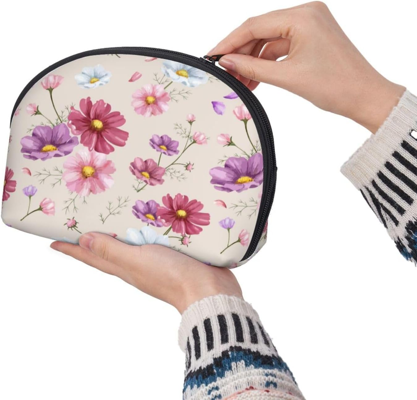 Cozimangoe Coin Pouch Makeup Bags Set, 2 Piece Shell Shape Cosmetic Bag with Pockets for Daily Travel Handbag Lipstick Keys Toiletry, Personalized Hand Drawn Cosmos Flower Pattern