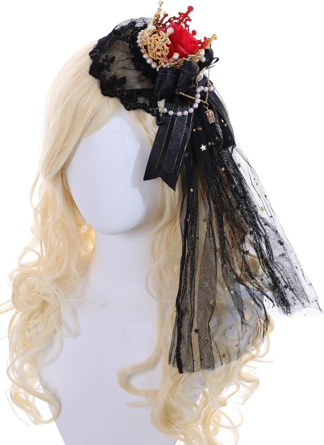 C-105-1 Black Veil Gold Crown Red Rose Bow Lace Ruffle Gothic Lolita Party Celebration Hair Accessories Head Accessory image number 1
