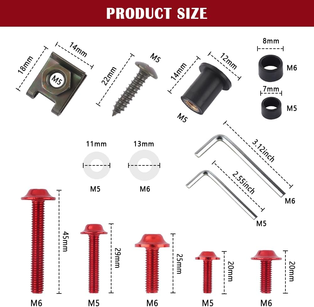177PCS Motorcycle Fairing Bolt Kit,M5 M6 Aluminum Screws Bolts Fasteners of Fairings for Motorcycle Accessories,Universal Motorcycle Windshield Bolts,Professional Auto Parts (Red) image number 3