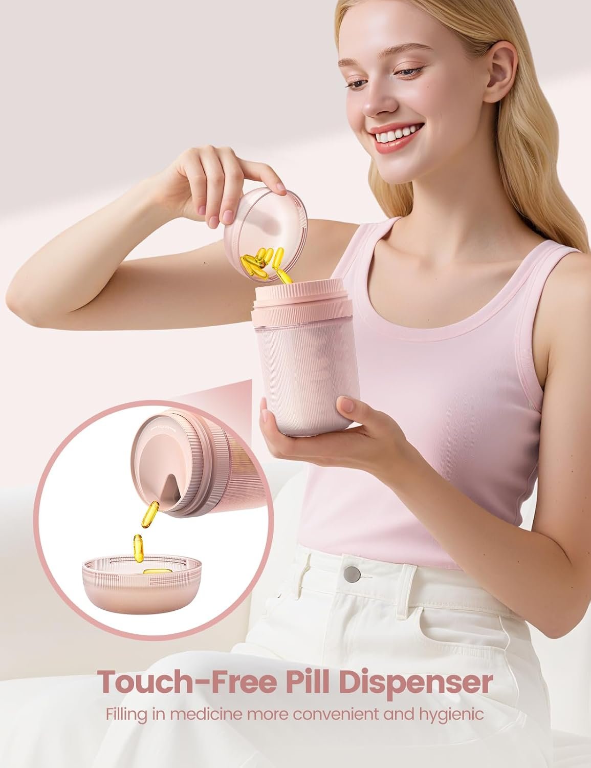 Large Pill Dispenser with 7 Large Compartments,Pill Bottle Organizer with Desiccant to Keep Medicines Fresh,Pill Box Case | Anti-Mixing | Light-Proof | Touch-Free,Bpa-Free Vitamin Organizer,Rose Gold image number 6