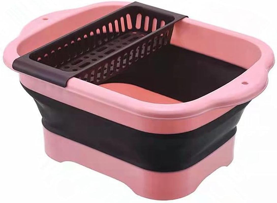 Collapsible Dish Basin with Draining Rack- 11L Foldable Bucket Sink Tub Portable Multifunctional Hang Basket, Space Saving Plastic Basin for Outdoor Camping, Vegetable Washing Kitchen Storage