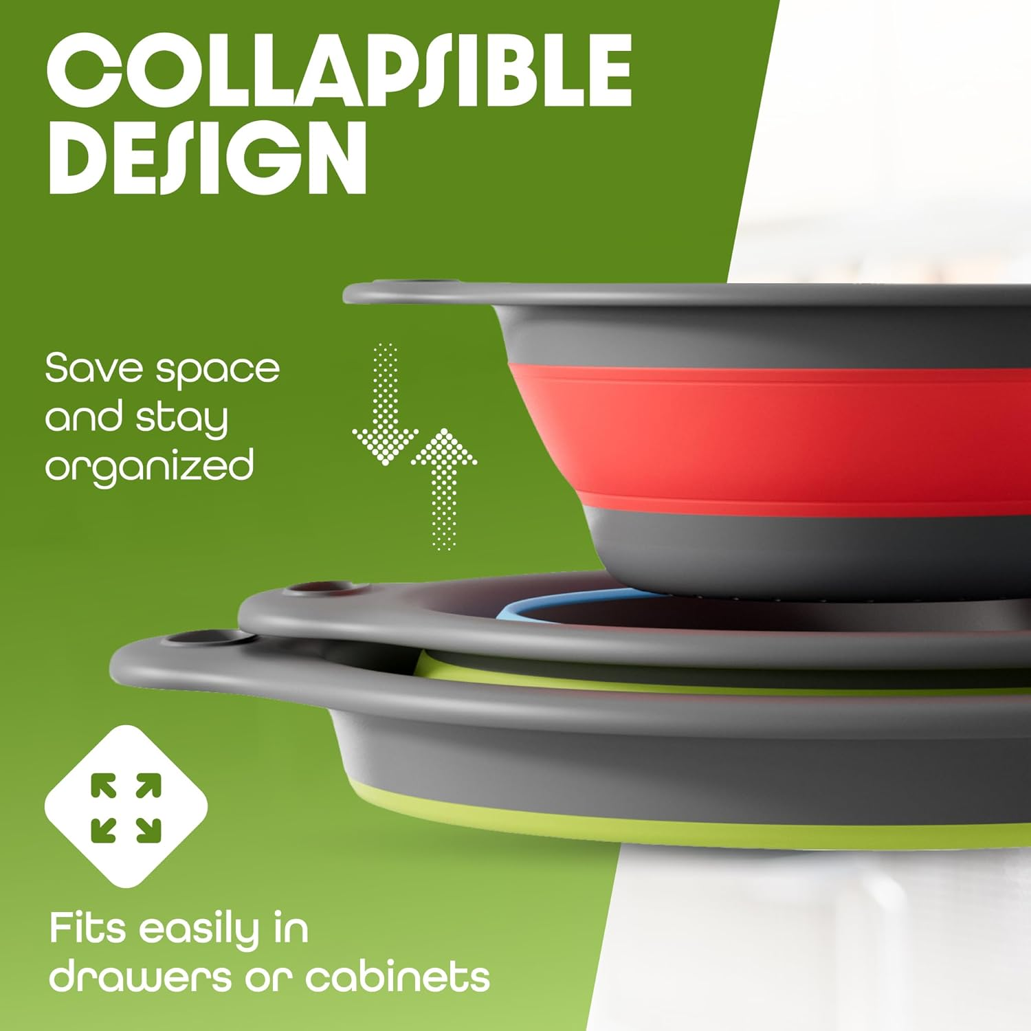 Gevoli Collapsible Colanders with Self-Draining Base for Edge of Sink, Food Strainers (Small/Med/Large), Nested Design for Easy Storage (Red, Blue, Green) (4PC Set) image number 4
