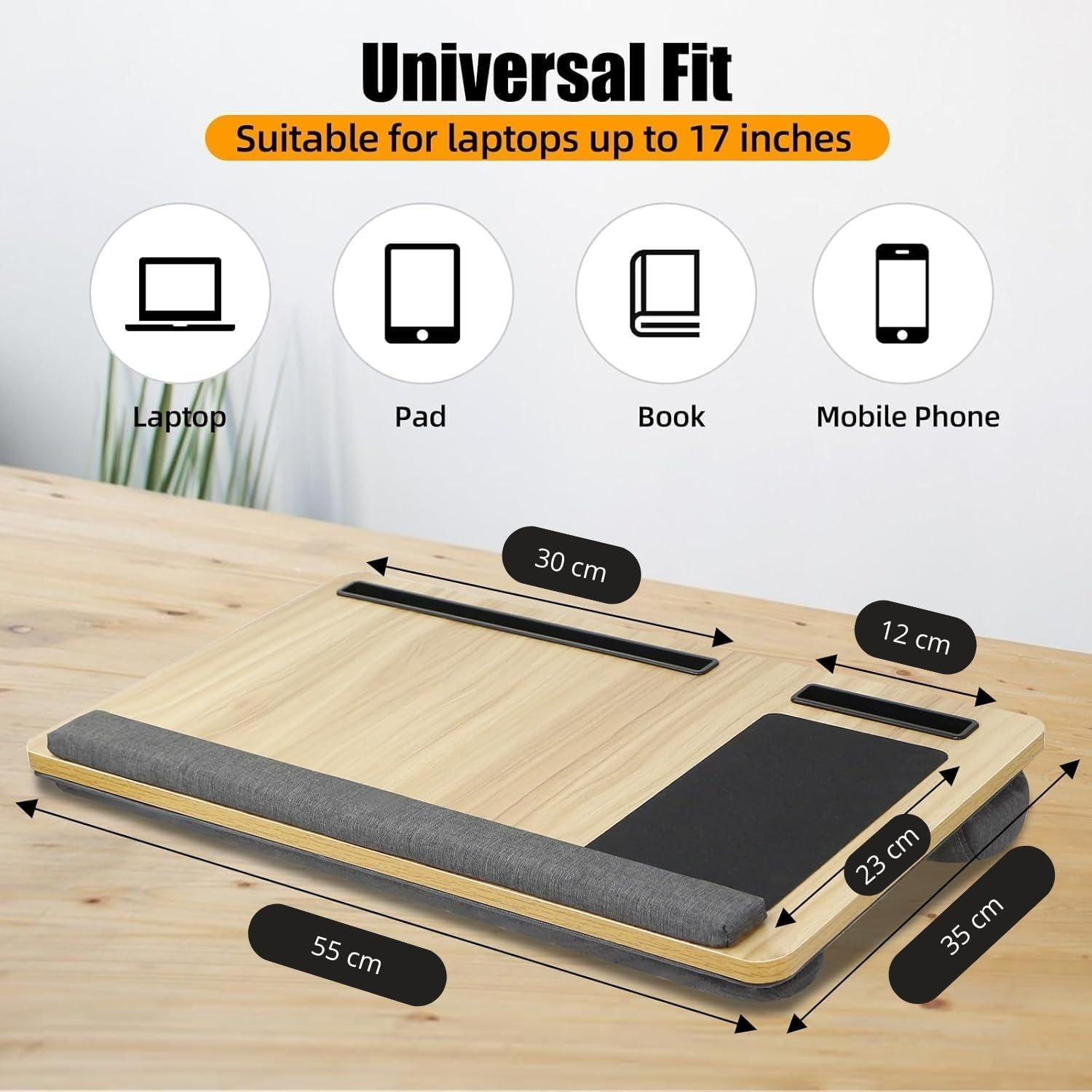 Oversized Lap Desk with Cushion & Wrist Pad &ndash; Portable Laptop Tray with Mouse Pad, Tablet and Phone Holder, Fits up to 17 Inch Laptops for Bed or Sofa (Brown) image number 6