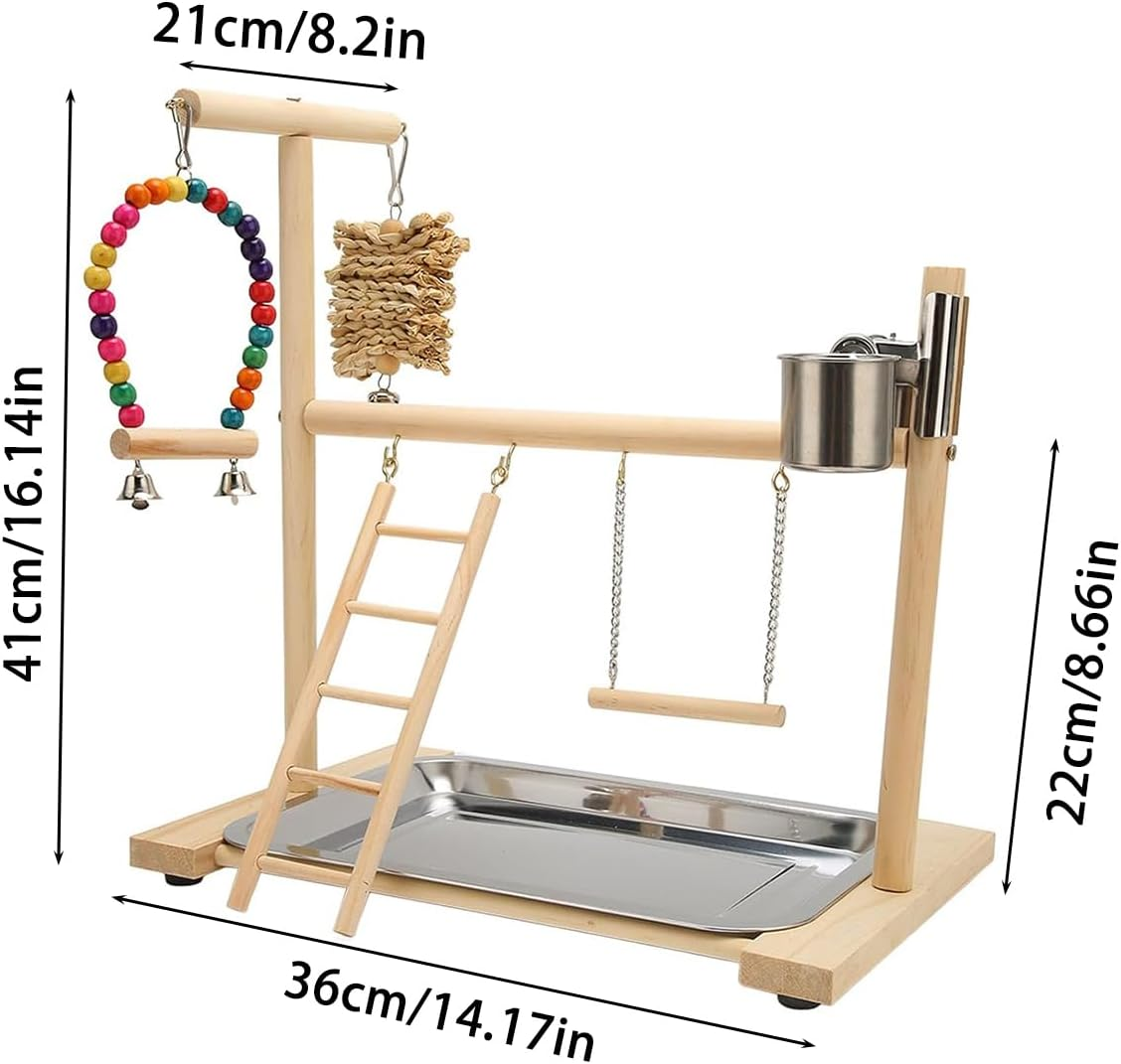 AIMALL Parrot Wooden Playground with Climbing Ladder Swing and Feeding Stand &ndash; Zanthoxylum Wood Interactive Activity Rack for Small and Medium Birds 16.14In X 14.17In image number 1