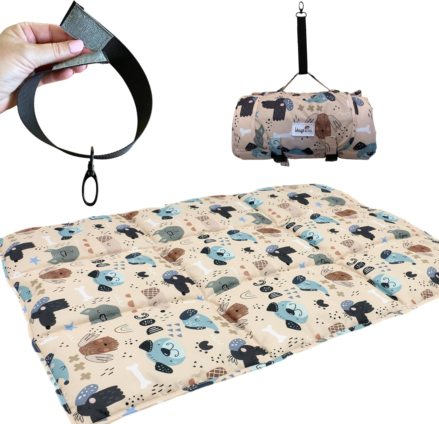 Canine COOSH - Outdoor Folding Dog Travel Mat - 70 X 100Cm. Durable, Easy-To-Clean, Portable Dog Bed for Beach, Bush, Camping, Travel, with Clip-On Carry Strap. (Happy Hounds)