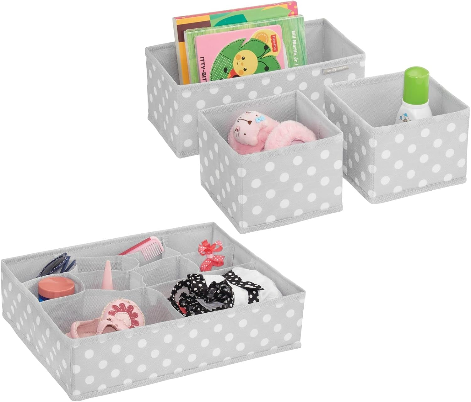 Mdesign Fabric Drawer Organizer Bins, Kids/Baby Nursery Dresser, Closet, Shelf, Playroom Organization, Hold Clothes, Toys, Diapers, Bibs, Blankets, Set of 4, 2 Pack, Gray/White Polka Dot image number 3