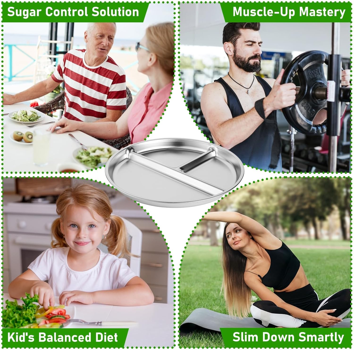 Tehalk Set of 4 Stainless Steel Kids Plates, Portion Control Platter with 3-Compartment, Unbreakable Dinner Plates, Divided Food Tray Stainless Steel Plate for Adults Kids, Camping, Lunch and Dinner image number 5