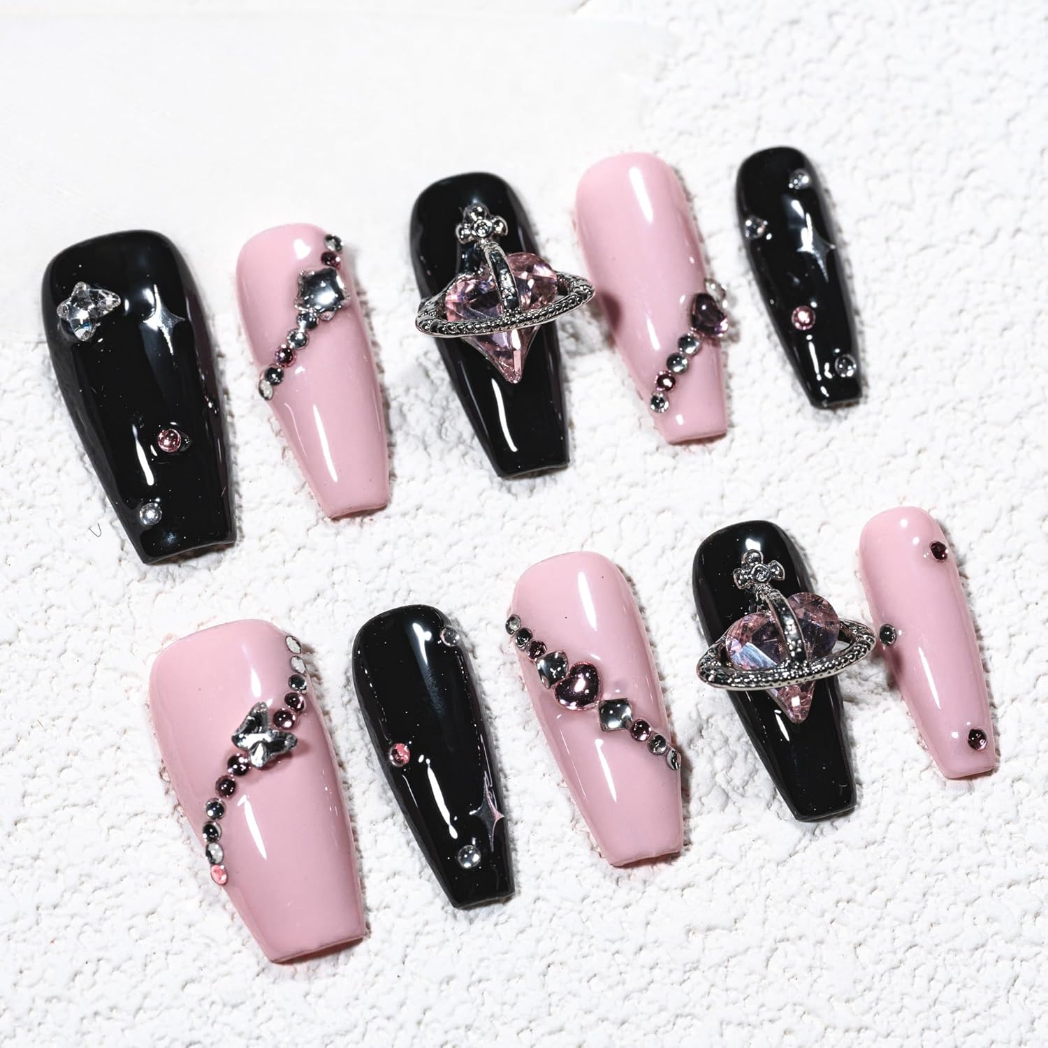 Sun&Beam Nails Handmade Press-On Medium Long Coffin Ballerina Pink Black Y2K Trendy Minimalist Design Fashion False Nail Tips 10 Pcs Set (#244 M) image number 5