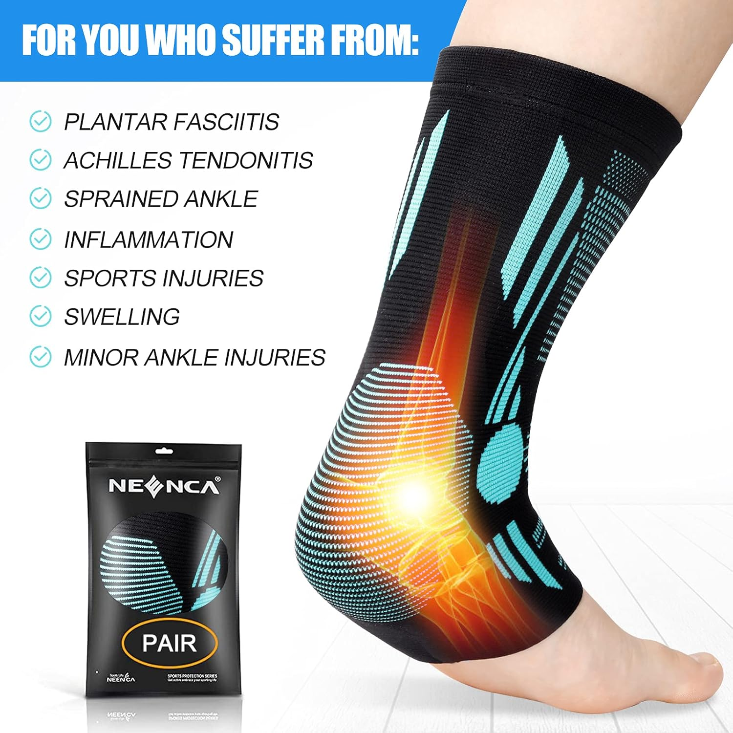 NEENCA Ankle Brace for Pain Relief, 2 Pack Compression Ankle Sleeves Set. Ankle Support Stabilizer for Achilles Tendonitis, Plantar Fasciitis, Joint Pain, Swelling, Arthritis, Sport - FSA/HSA Approved image number 1