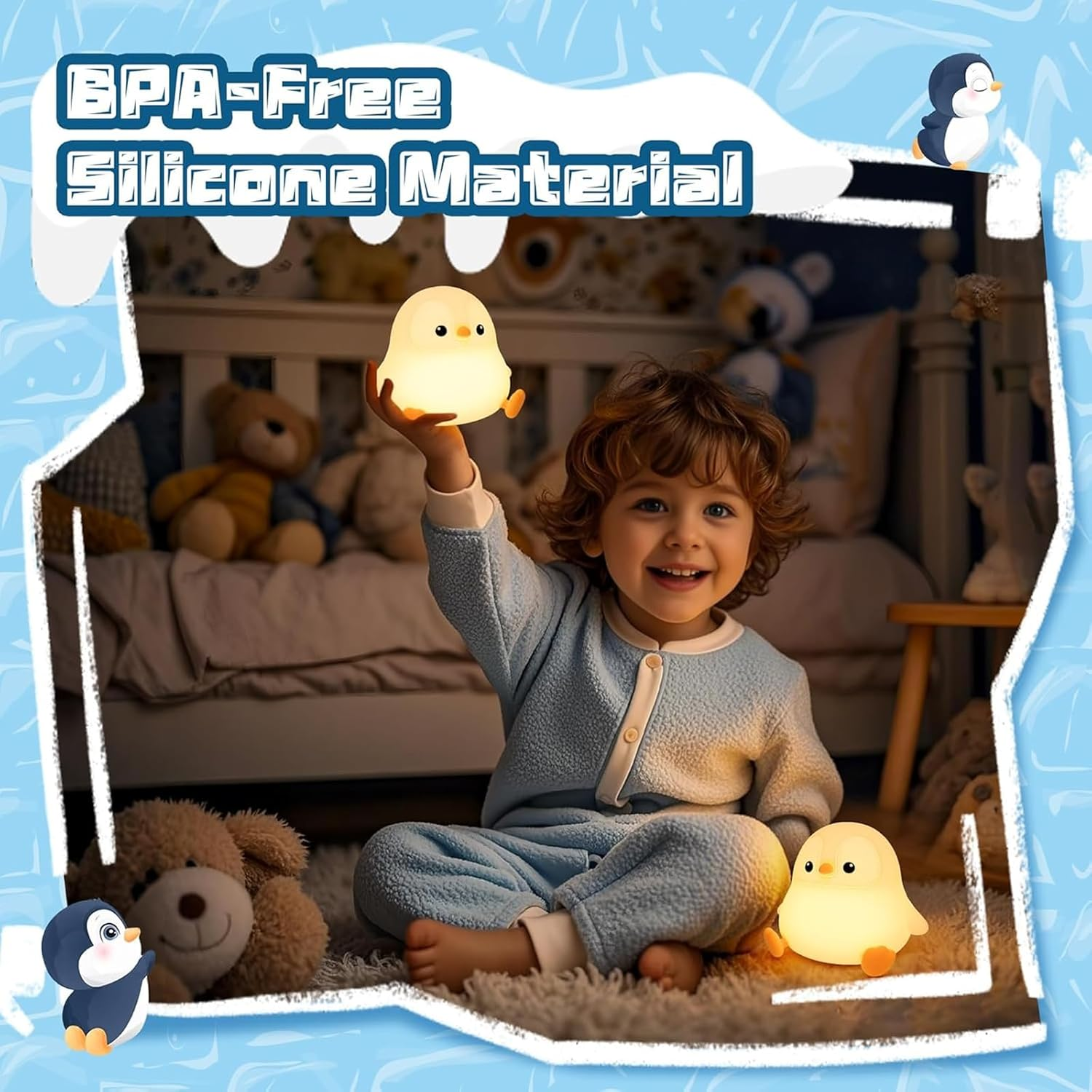 Penguin Night Light, Cute Animal Soft Silicone LED Touch Lamp with Dimmable and Timer, Portable Rechargeable Toddler Bedroom Bedside Table Decor, Birthday Xmas Gifts for Kid Baby Boy Girl
