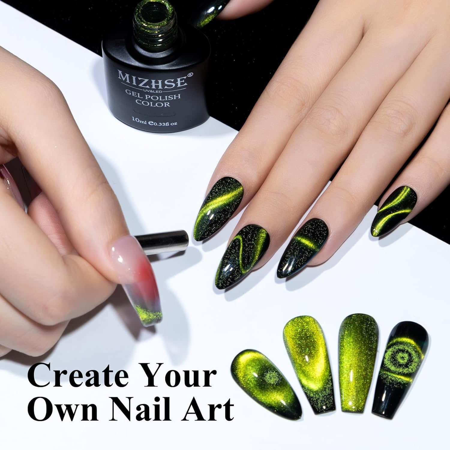 MIZHSE Cat Eye Gel Nail Polish, Bright Green Magnetic Gel Polish with Magnet Stick, Magic Shimmer Galaxy Effect Holographic Glitter Silky Cat Eye Nail Polish Soak off Nail Art Manicure at Home image number 1