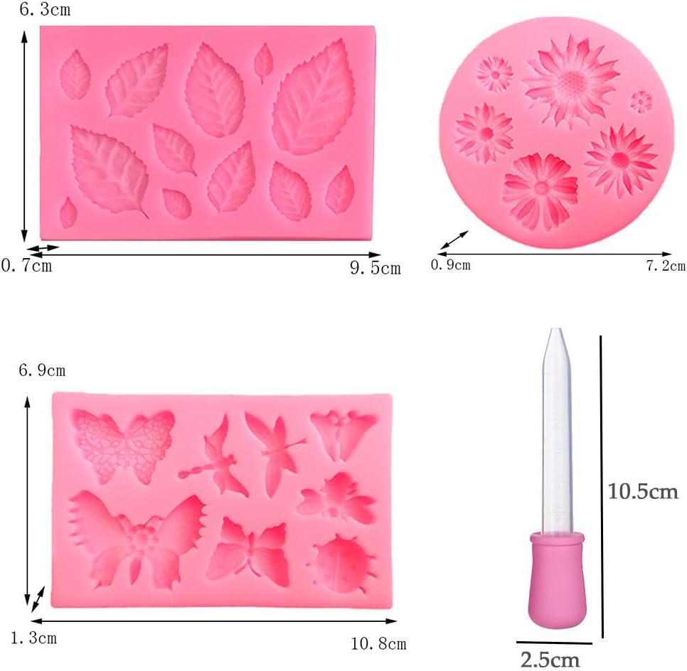8 Pcs Fondant Silicone Molds Set, Esforzarse Mini Flower Butterfly Molds Leaf Molds, Rose Butterfly Daisy Rose Leaf DIY for Chocolate Candy Dessert Cake Decorating(Pink) image number 3