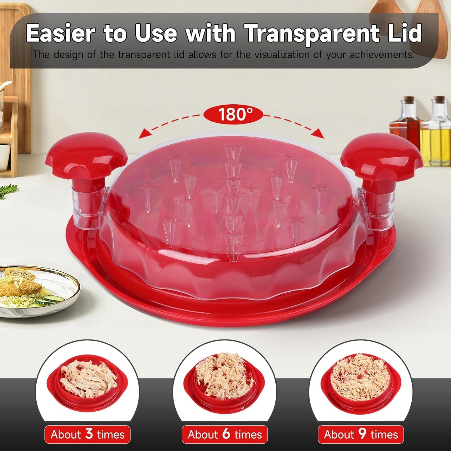 Chicken Shredder with Clear Lid, Visible Meat Machine with Ergonomic Handle, Non-Slip BPA Free Breast Shredder, Dishwasher Safe for Fish Pork Beef (Red) image number 6