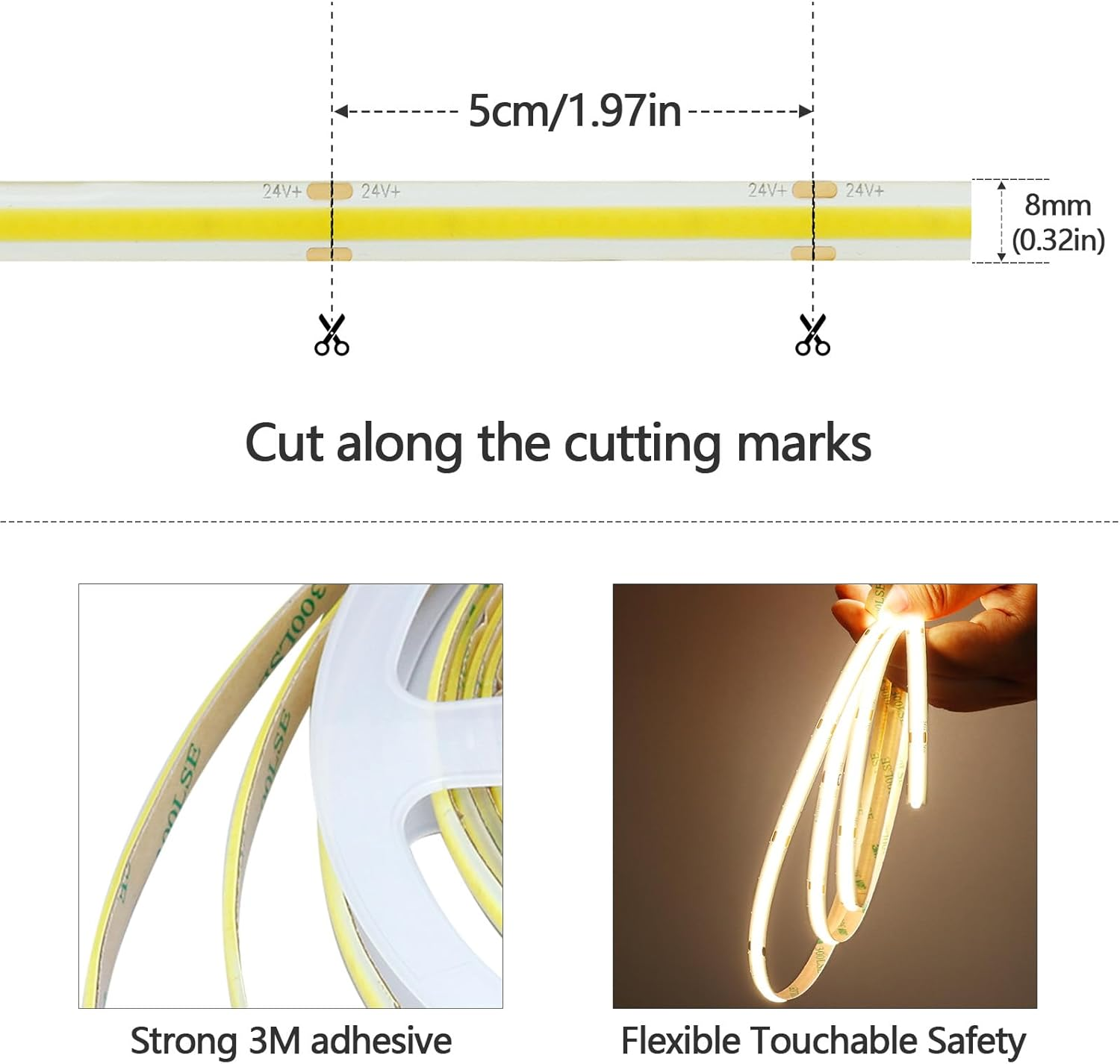 GOMING 24 V COB LED Strip 5 M Natural White 4000 K Waterproof IP65 LED Strip 480LED/M CRI 93+ High Brightness 4300 Lm LED Strip Self-Adhesive for Home Decoration (Power Supply Not Included)