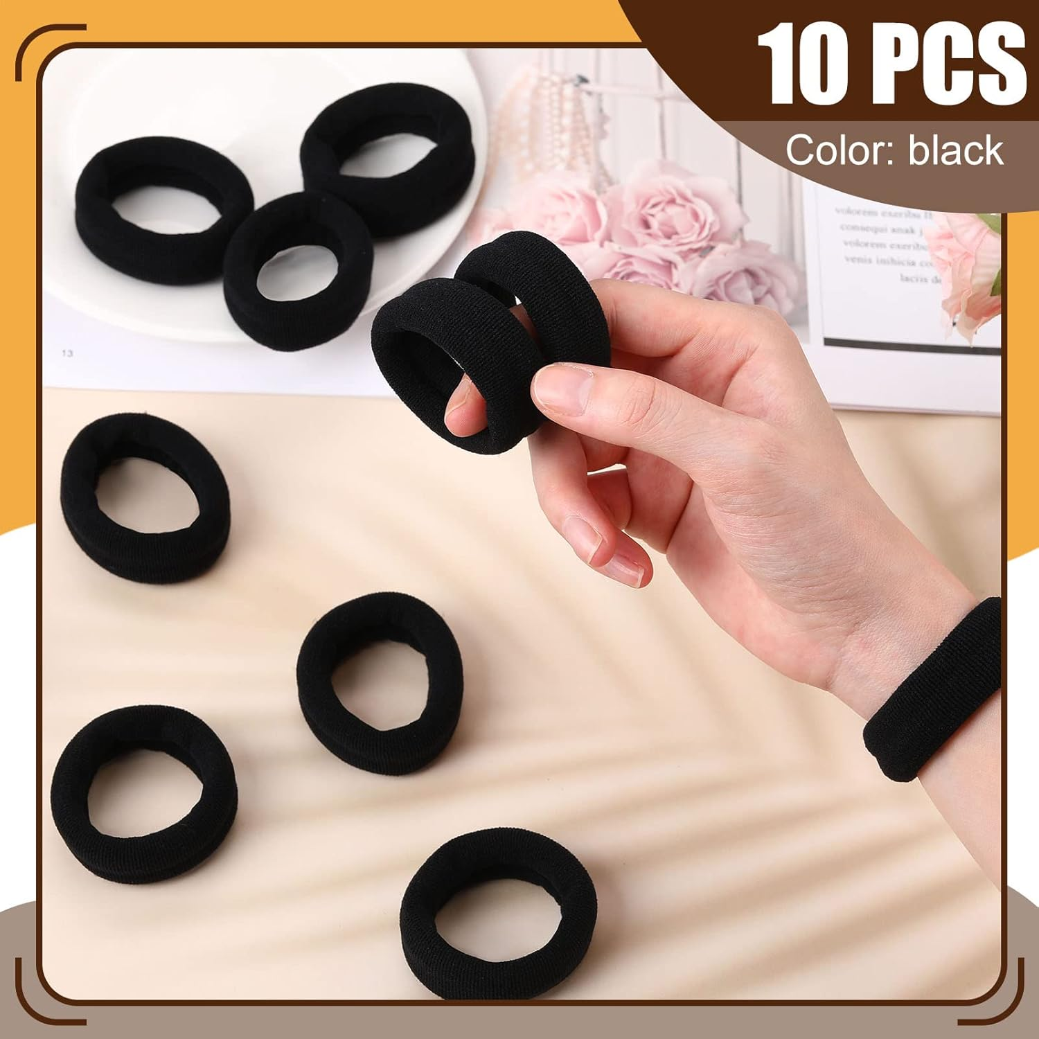 10 Pcs Strong Elastic Hair Bands for Women Girls Large Cotton Hair Bobbles Black Hair Accessories Stretch Hair Ties Ponytail Holders for Thick Heavy and Curly Hair, Black image number 4