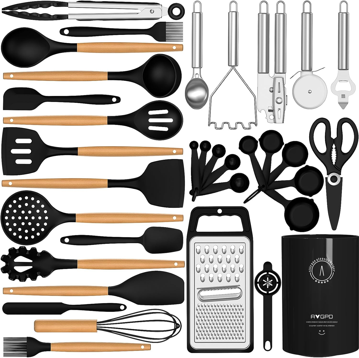 Silicone Cooking Utensils Set - 446&deg;F Heat Resistant Silicone Kitchen Utensils for Cooking, Kitchen Utensil Spatula Set W Wooden Handles and Holder, BPA Free Gadgets for Non-Stick Cookware (Black) image number 1