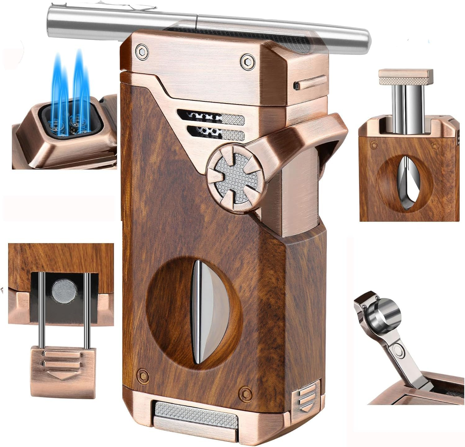 5-In-1 Torch Lighter with V Cutter, Punch, Holder, Nubber, Adjustable Windproof 4 Jet Flame, Multi-Functional Lighter Accessories,Butane Refillable Lighter for Travel, Outdoors (Brown)