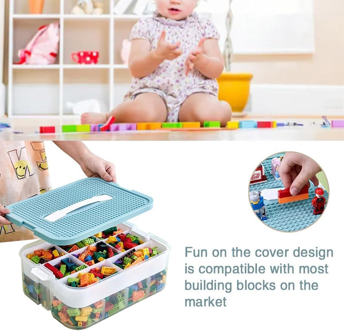 AIMALL Large Capacity Desktop Toy Storage Box with Handle and Dustproof Lid, Stackable Building Blocks Organizer for Kids Parts Sorting 9.05&times;12&times;12.8In Yellow Green - Green image number 5