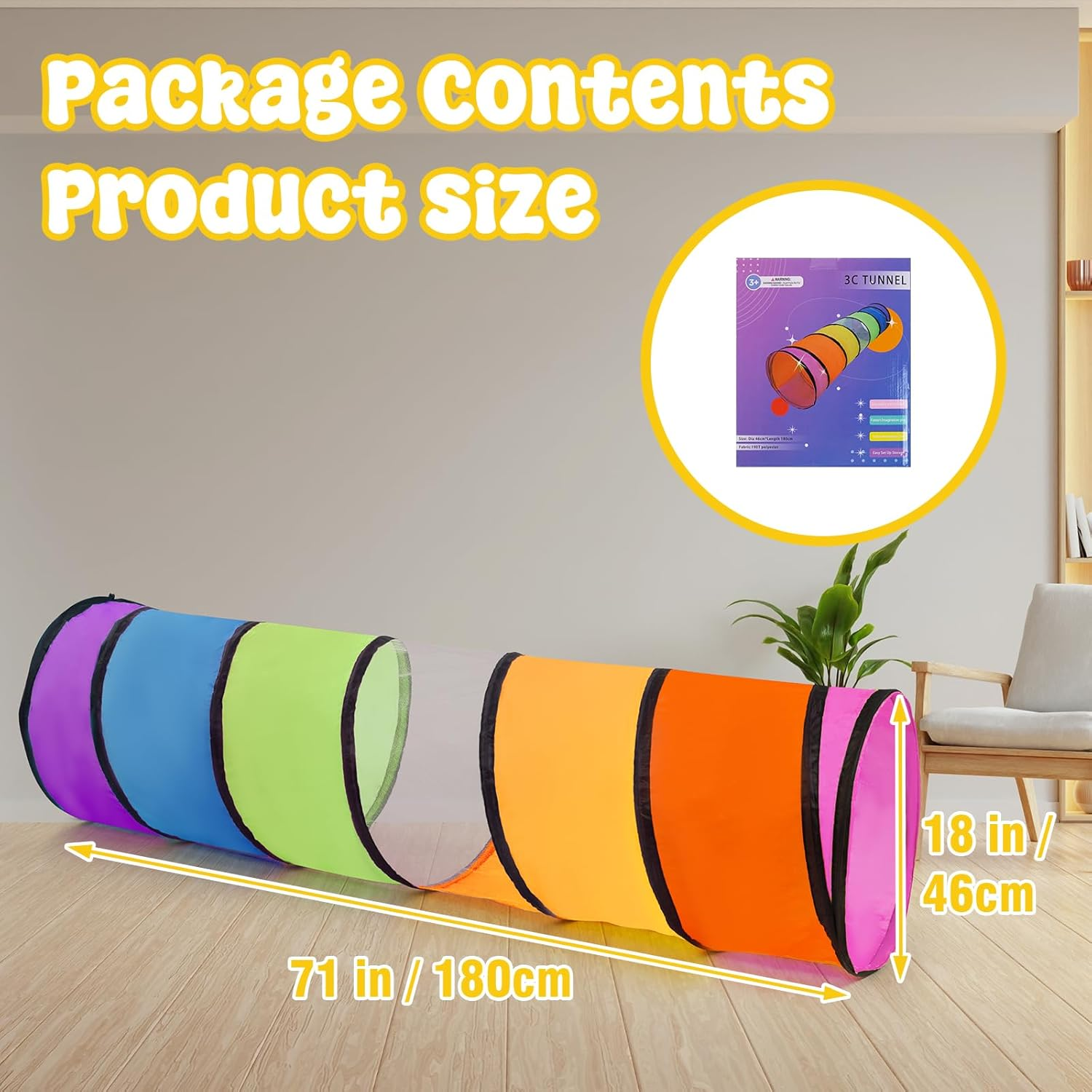 Kids Play Tunnel for Toddlers,Pop up Crawl through Tunnel Play Tent for Baby Infant Children or Pet,Indoor & Outdoor Toys for Boy and Girl Backyard Playset(Rainbow Tunnel) image number 3
