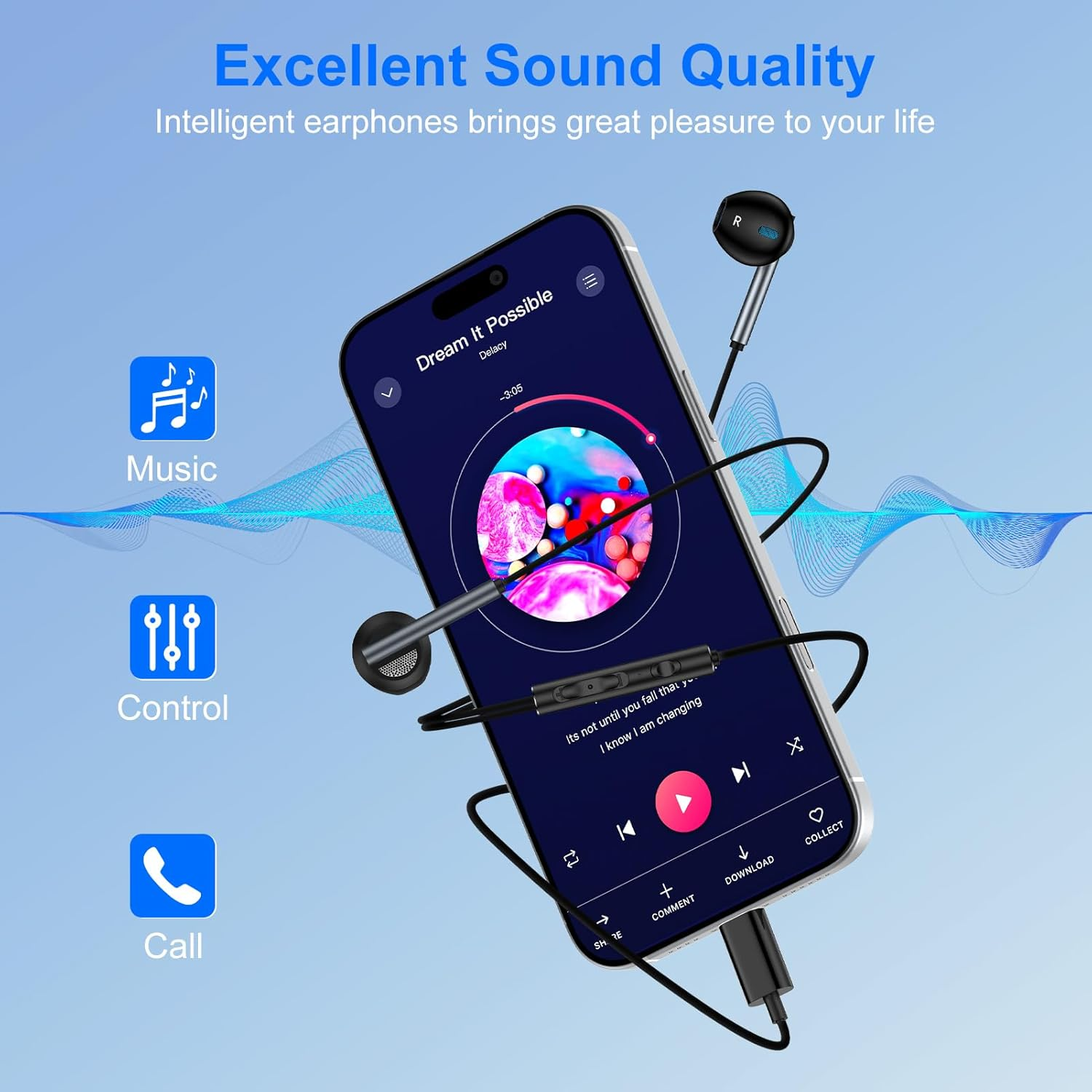 USB C Headphones Wired Earbuds for Iphone 16E/16 Pro Max/16 Pro/16 Plus/16/15,Android Type C Hifi Stereo Earphones Wired with Mic & Volume Control for Samsung Galaxy S25 Edge/S24 Fe,Google Pixel 9/8/7 image number 3