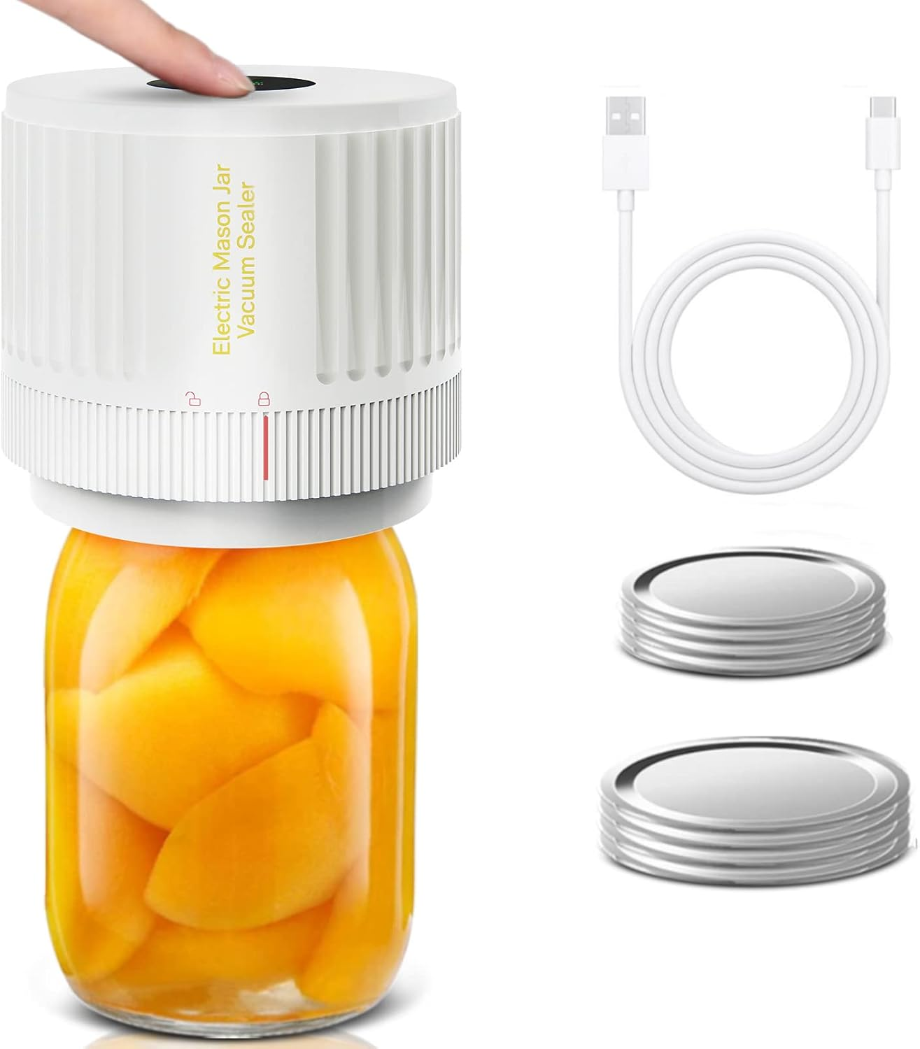 Electric Mason Jar Vacuum Sealer, Cordless Vacuum Sealer Kit for Wide-Mouth & Regular-Mouth Mason Jars, for Food Storage and Fermentation, White