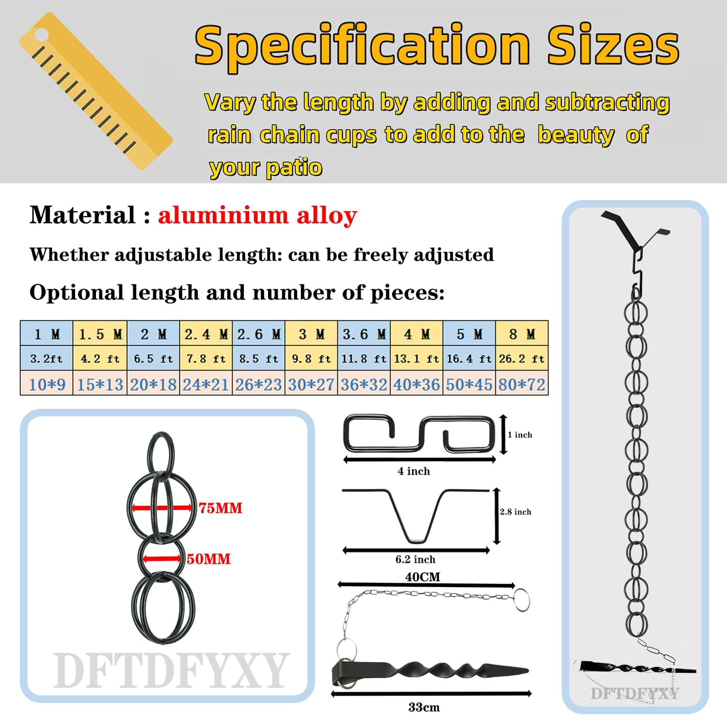 Dftdfyxyrain Chain Outdoor Rain Chains Aluminum Rain Chain Mill Finish Aluminum Gutter Adapter Downspout Catcher Water Feature or Downpipe for Eaves Drainage,Outdoor Decor,Black,2.6M(8.5Ft) image number 6