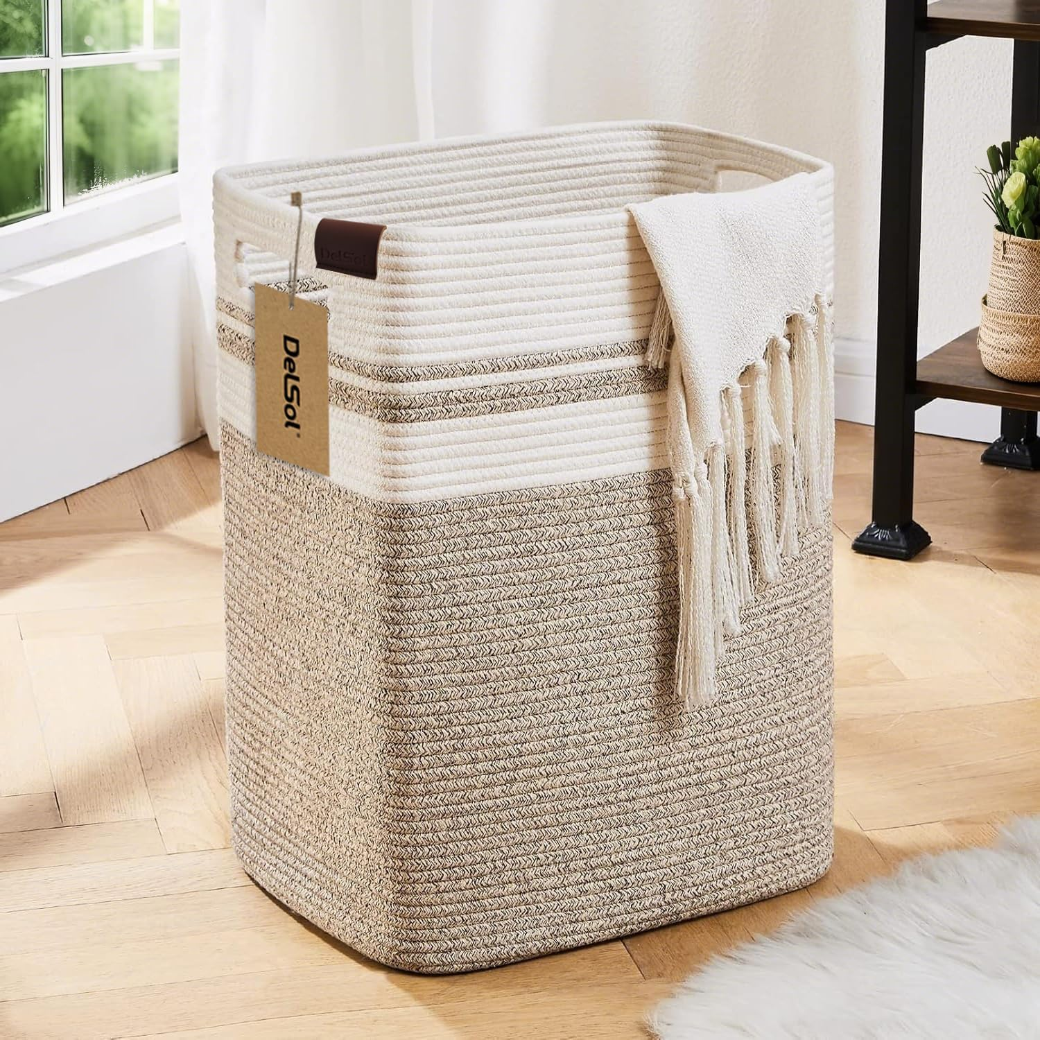 Delsol Large Laundry Basket 41X33X56Cm Tall Blanket Sorage Basket with Handles, Wicker Cotton Rope Woven Basket for Living Room Laundry Baby Nursery Pillows Clothes Towel Toy Organizer Home Decor image number 4