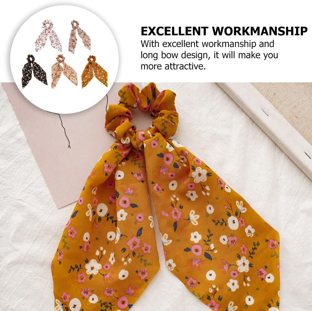 FOMIYES Pack of 5 Floral Satin Ribbon Hair Tie Fashion Scarves Ponytail Hair Band with Tail Flower Printed Hair Pompoms Ties image number 3