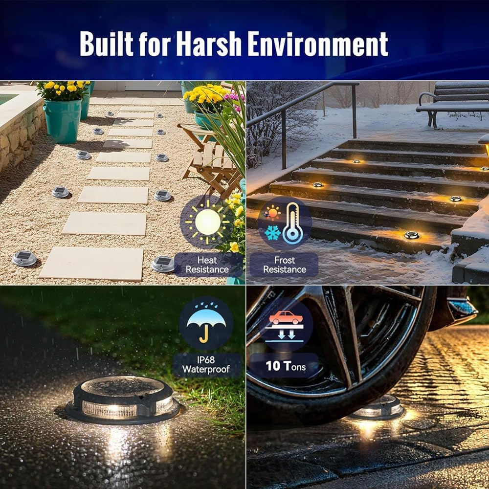 Aluminum Alloy Solar Driveway Lights, IP68 Solar Deck Light Marine Dock Lights Outdoor Waterproof 4 Modes, Multicolor LED Driveway Markers Garden Light for Walkway, Path Decor (2 Pack) image number 5