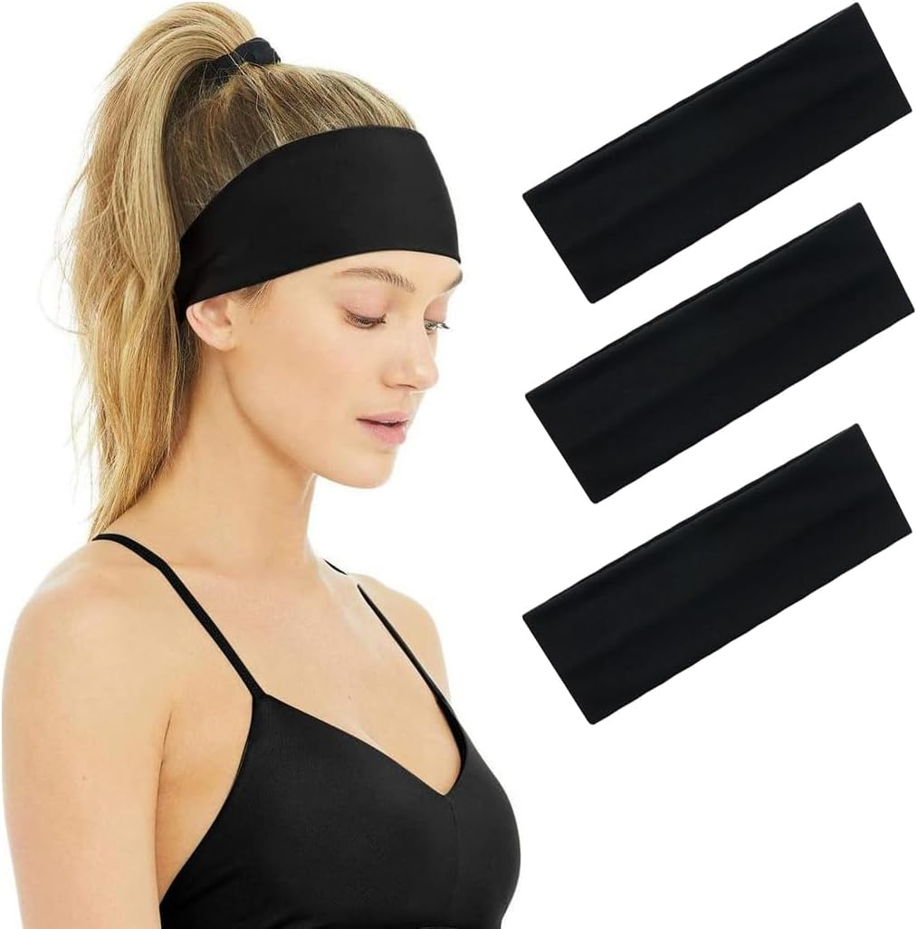 BIRLOZA Pack of 3 Hair Bands, Black, 7 Cm Wide Hair Band, Elastic Headband, Non-Slip Headband for Running, Cycling, Yoga, Fitness