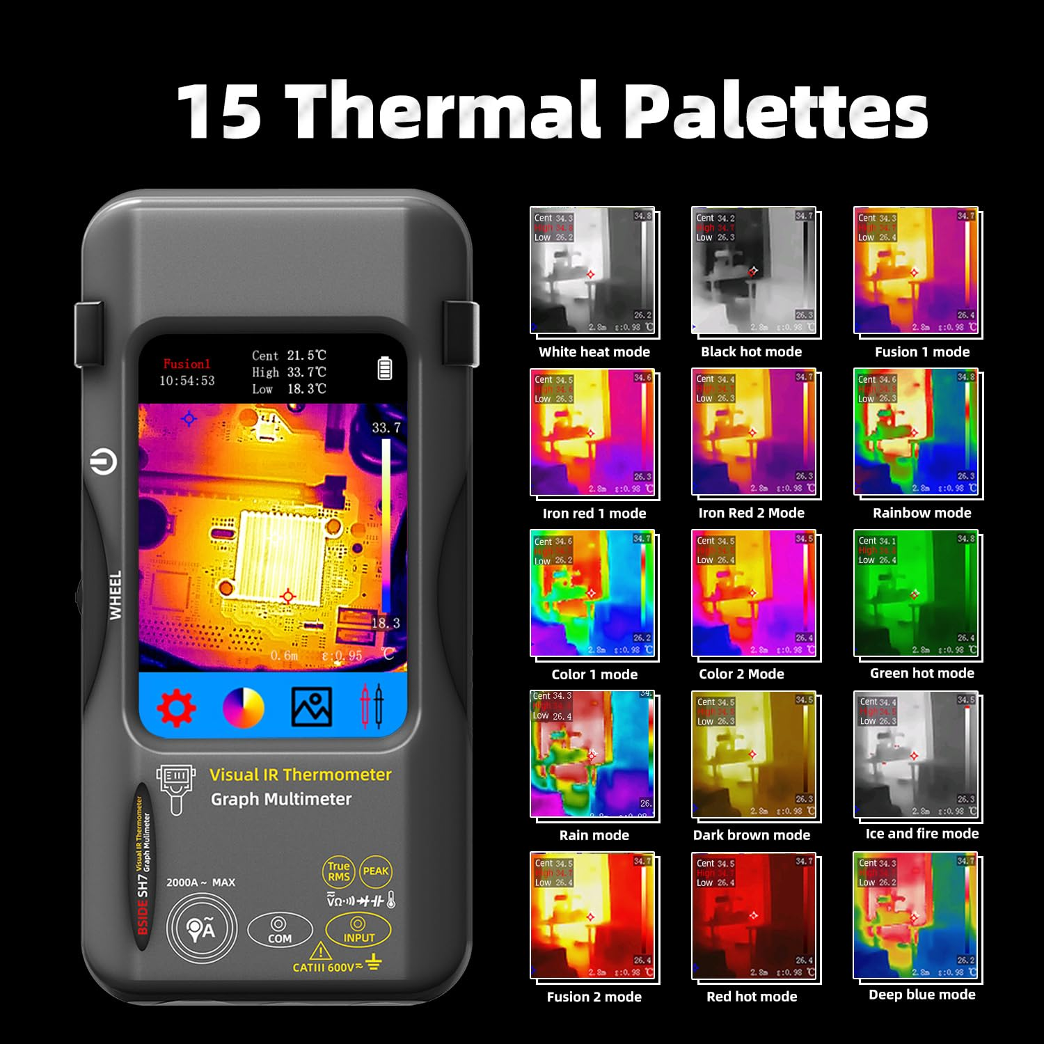 BSIDE Thermal Imaging Camera Multimeter with Macro Lens, 320X320 IR Resolution with 15 Thermal Palettes, 20000 Counts with 3.98" Touch LCD, Measures Cap, AC Clamp, Temp Diode for Electrical Electronic image number 4