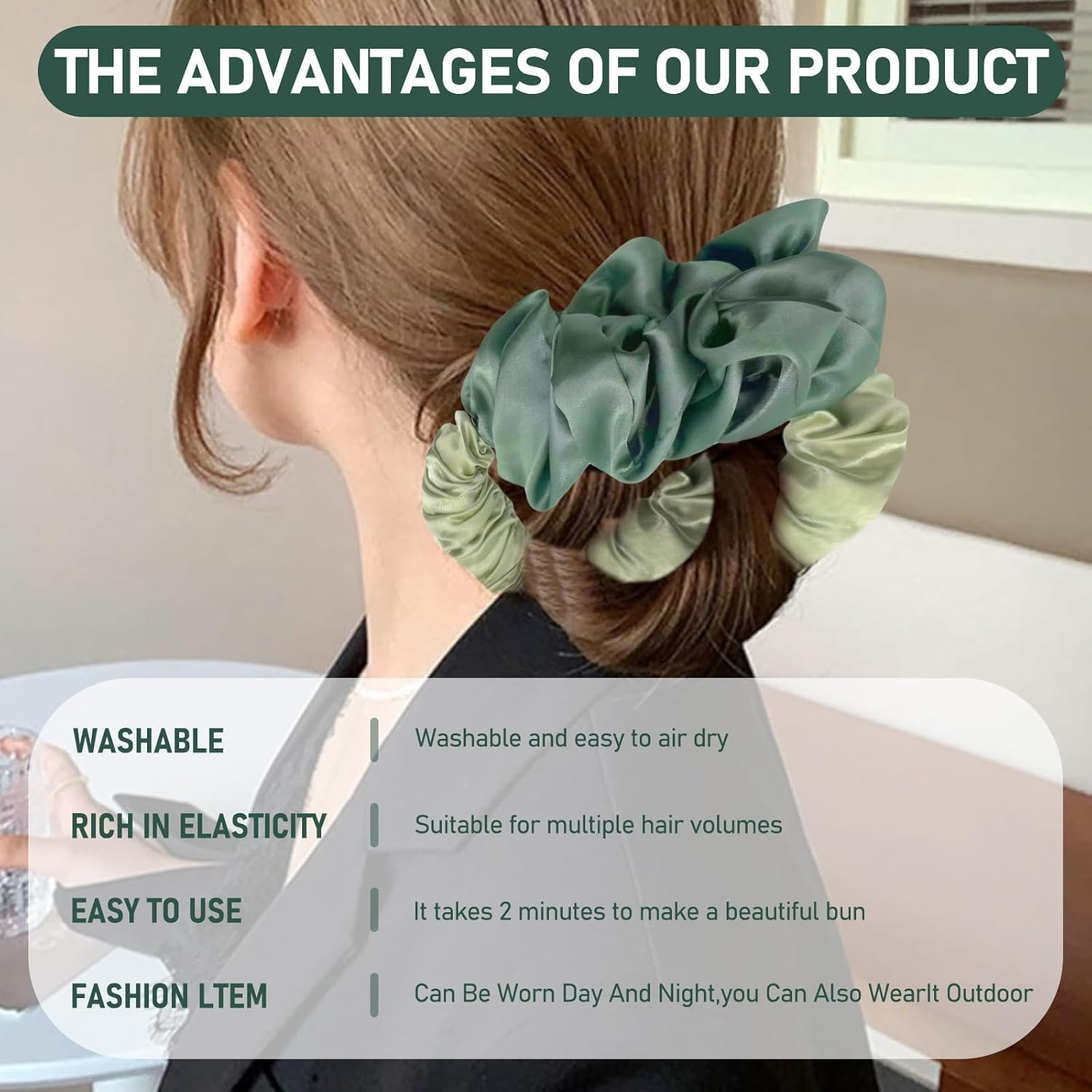 Yuannee Heat-Free Curlers, Heatless Curling Silk Scrunchies for Women, Hair Scrunchies, Girls Hair Scrunchies, Green, Heatless Curls, Silky Hair Bobbles for Women for Long Hair image number 1
