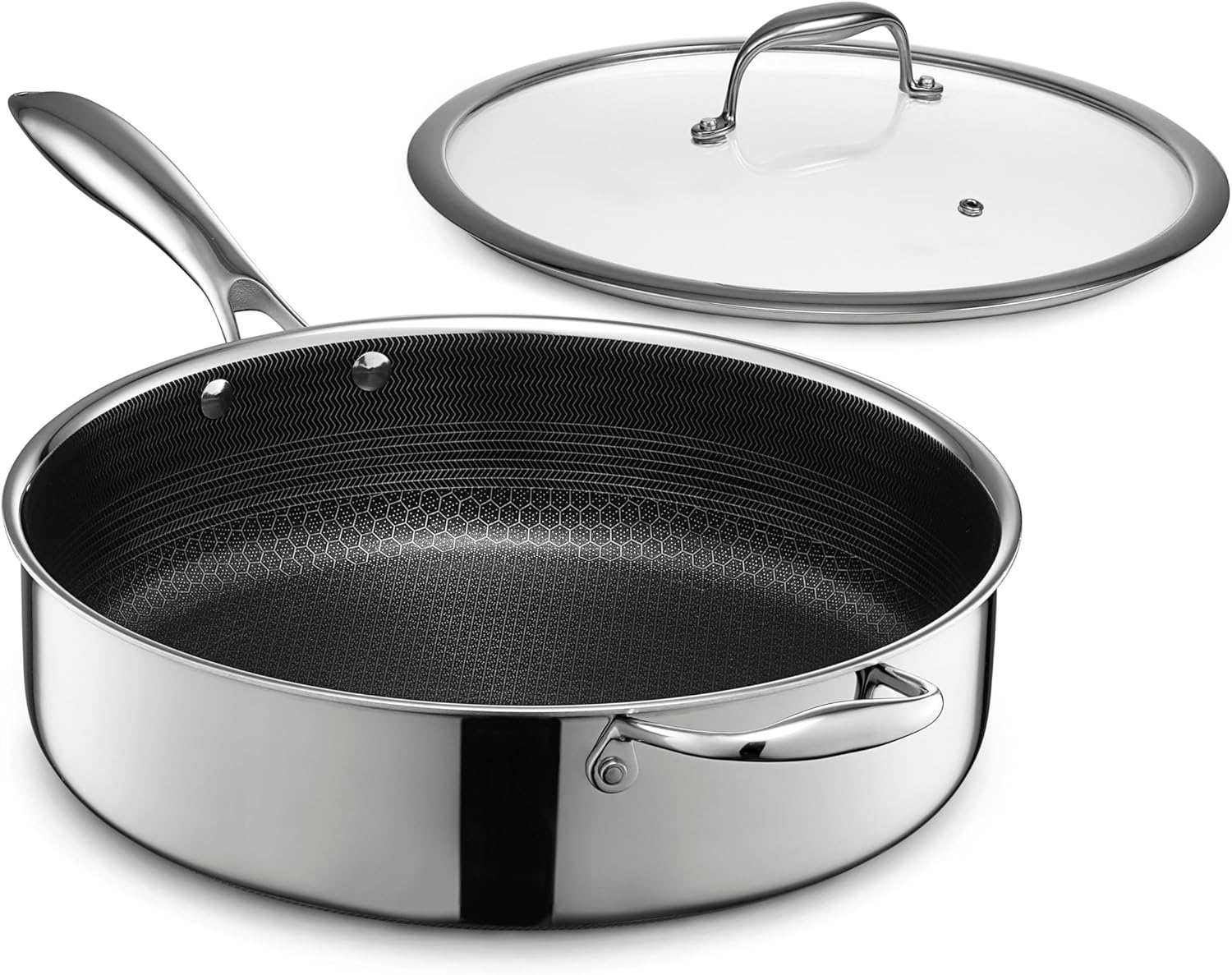 Hexclad Hybrid Nonstick 5.5-Litre Deep Saut&eacute; Pan with Tempered Glass Lid, Stay-Cool Handle, Dishwasher-Friendly, Oven-Safe up to 480&deg;C, Induction Ready, Compatible with All Cooktops