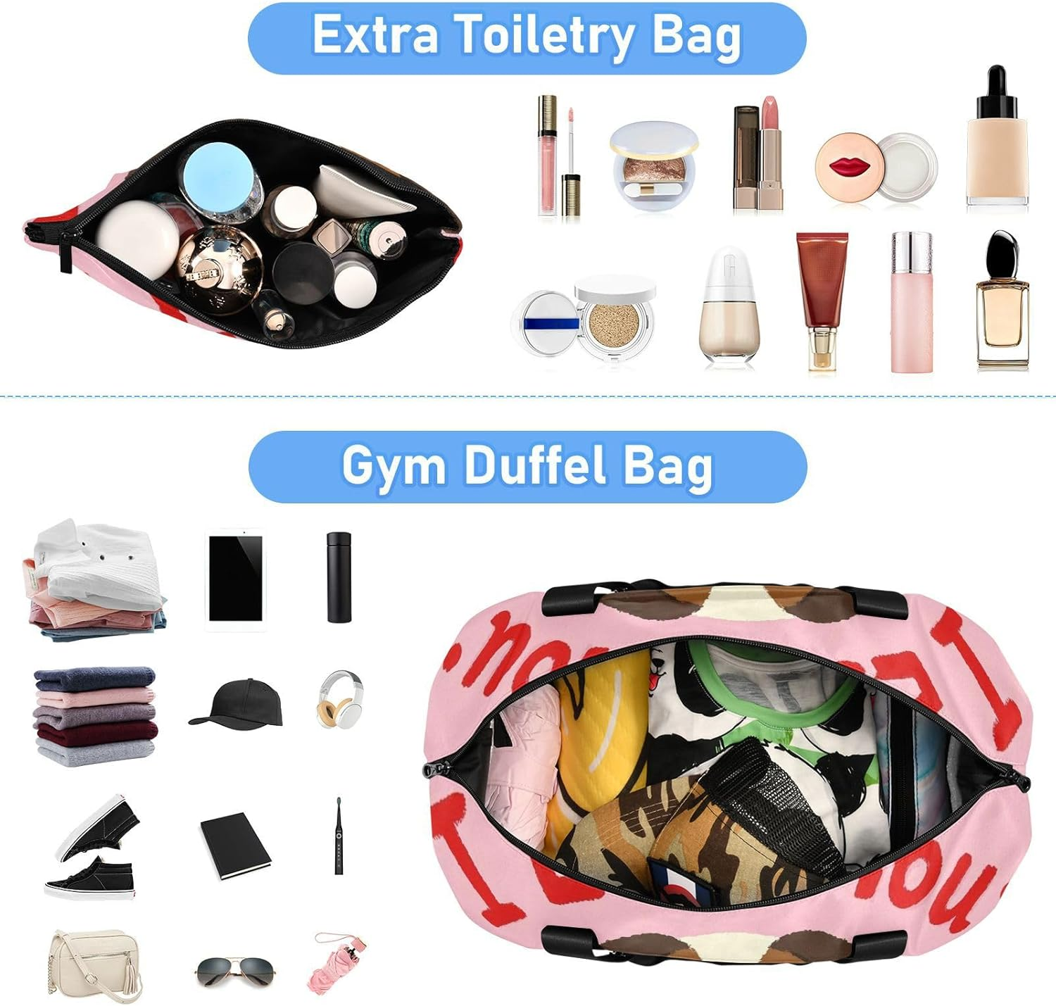 I Love Your Valentine Dog Travel Duffel Bags Travel Weekender Gear Bag with Toiletry Bag for Airplane Traveling Foldable, I Love Your Valentine Dog, 1 Size image number 6