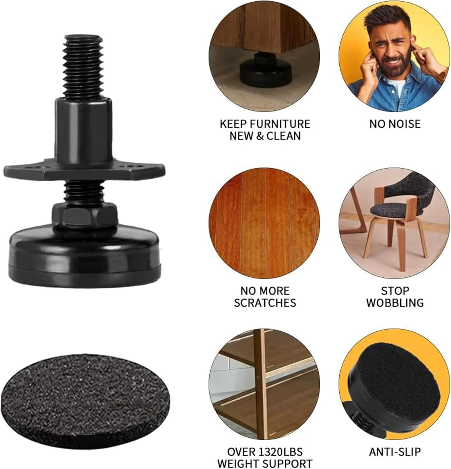 4PCS Heavy Duty 3/8"-16 Thread Adjustable Furniture Leveling Feet with T-Nut Kit,Threaded Leveling Feet,Large Base Furniture Levelers Support for Cabinets,Tables,Chairs,Sofa,Workbench (Black)