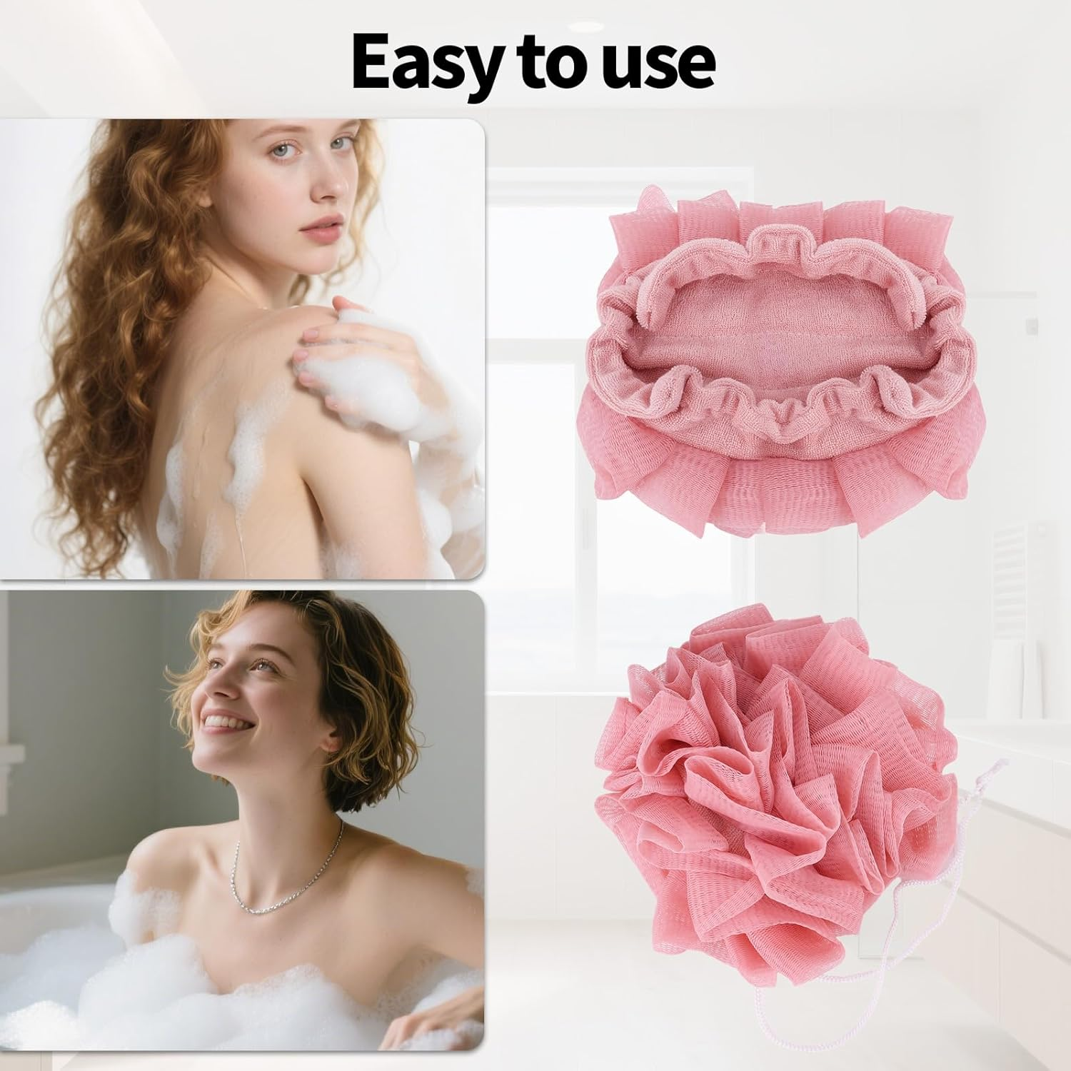 2Pcs Loofah Washcloth for Bar Soap, 2-In-1 Exfoliating Bath Sponge with Drawstring Reusable Mesh Shower Puff for Smoothing Skin & Body Cleansing (Pink, Beige) image number 5