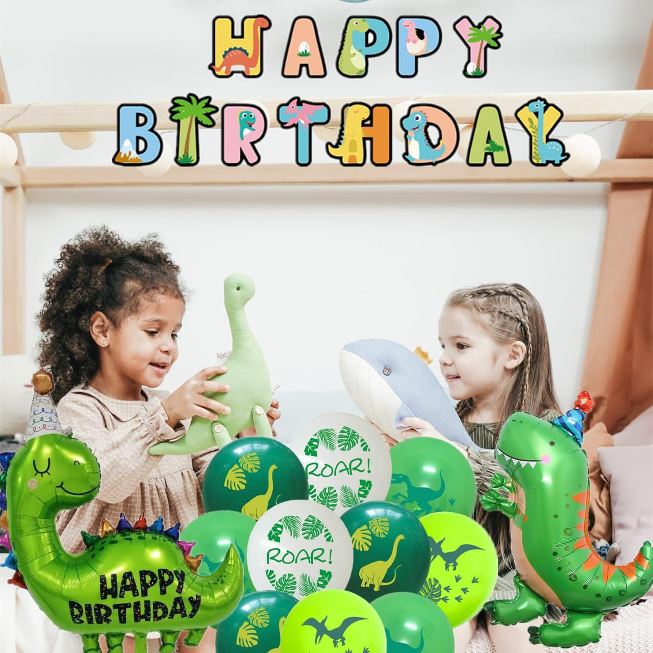 Dinosaur Birthday Banner and Balloons Kit - Giant Dinosaur Mylar Balloons with Happy Birthday Sign, Dinosaur Theme Balloon Party Favor Supplies for Kids (Happy Dinosaur) image number 6