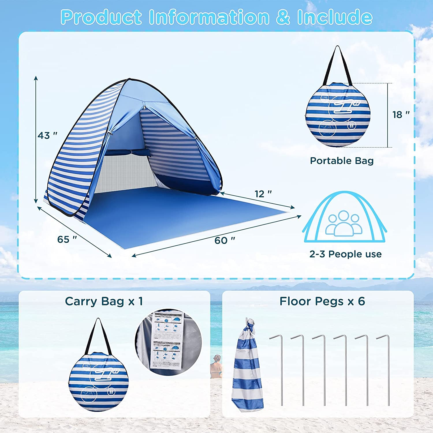 Beach Tents 3-4 Person Pop up Beach Tent Anti-Uv Beach Shade Portable Sun Shelter Foldable Instant Automatic Pop up Tent Easy Set up and Carry Beach Umbrella (Curtain Striped Blue) image number 2