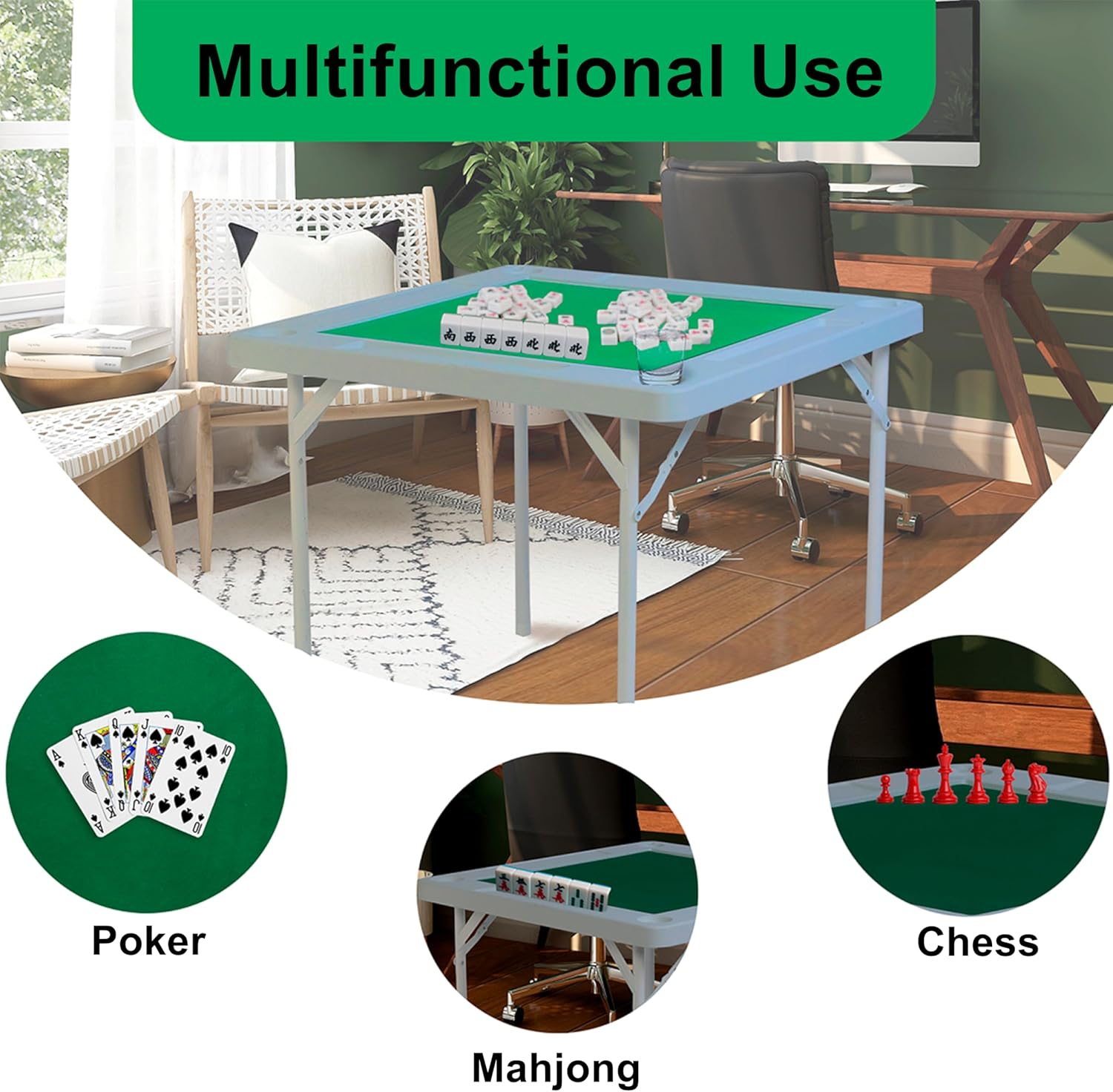 ONEIN Foldable Mahjong Table with Green Surface, Multipurpose Game Table for Mahjong, Poker, and Chess, Portable Table with Iron Frame, Cup Holders & Chip Trays, Space-Saving Design, 90Cm X 90Cm