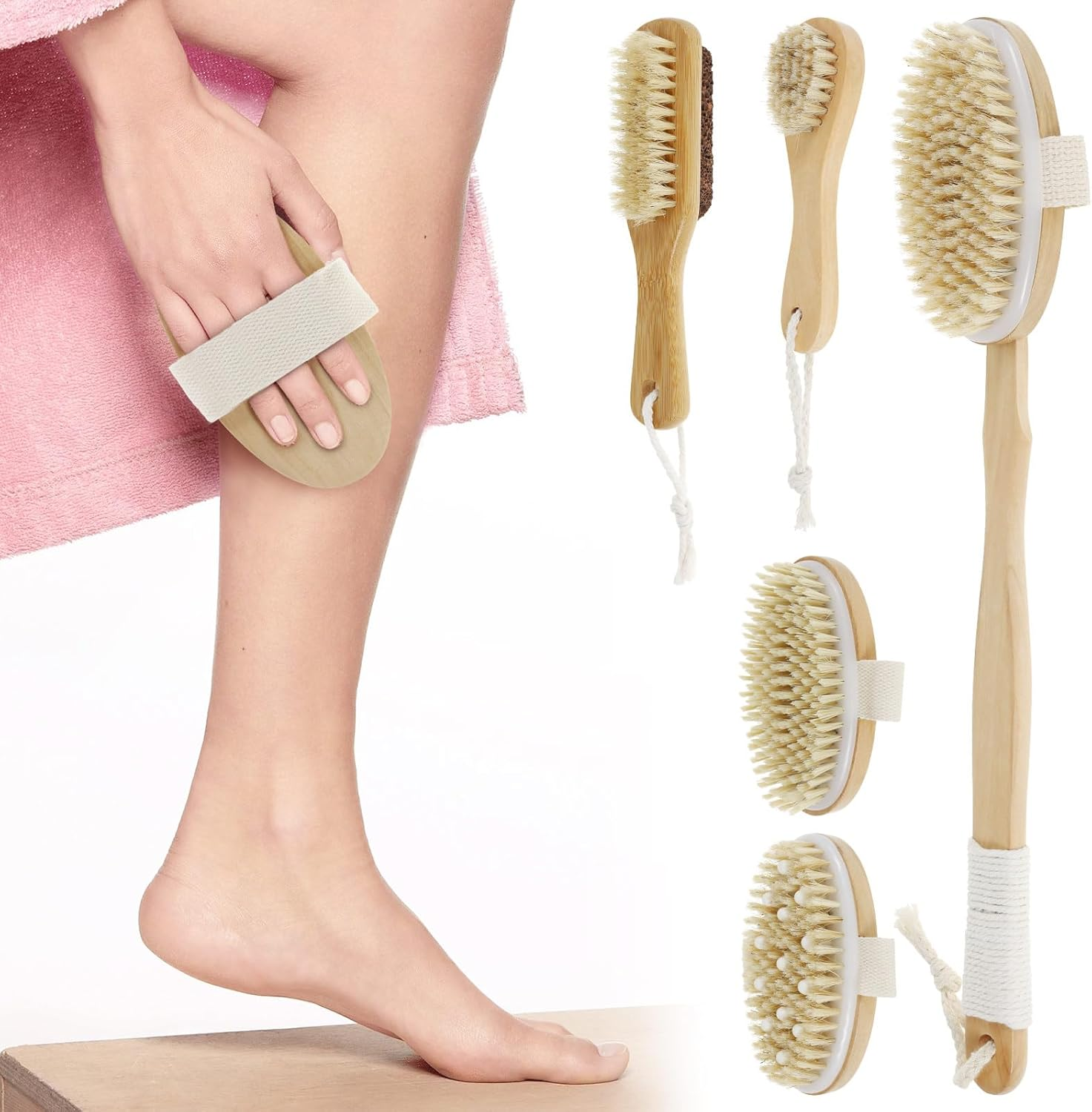 DJAPWPX 5 Pcs Dry Body Brush with Wooden Handle Exfoliating Body Face Foot Cleaning Brush Dead Skin Removal for Back Face Foot image number 2