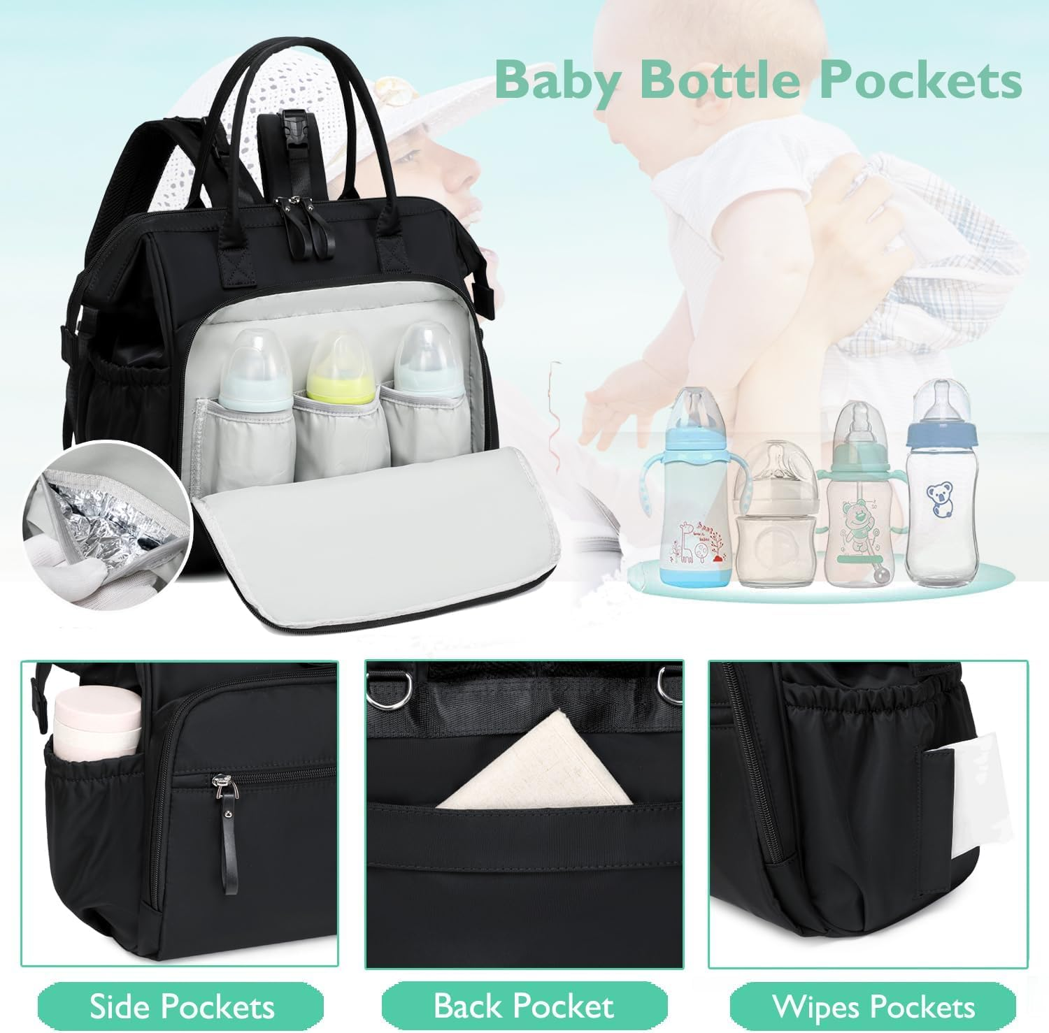 Convertible Diaper Bag Tote, Water-Resistant Diaper Backpack with Anti-Theft Pockets and Stroller Clips image number 4