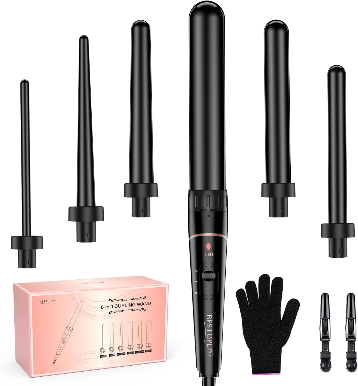 Curling Iron Large and Small Curls Set - 6 in 1 with Various Attachments Antistatic Ceramic Tourmaline Coating Wave Iron for Beach Waves