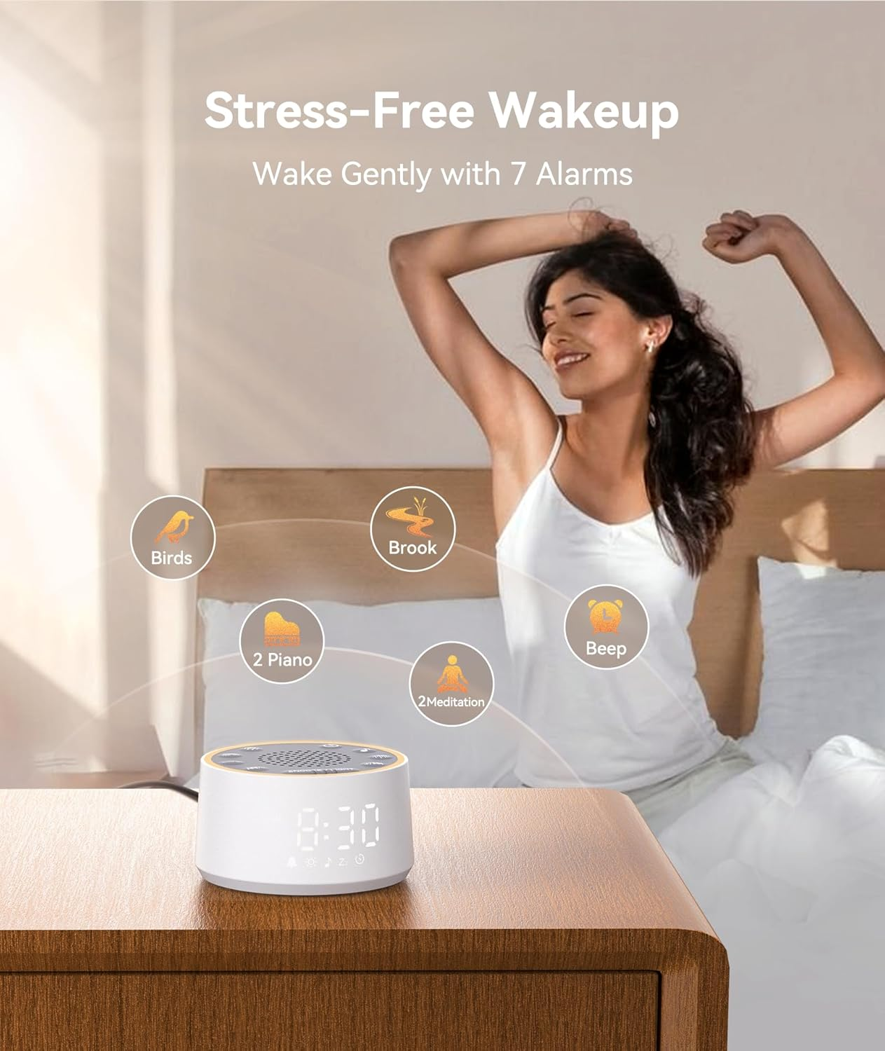 Dreamegg D1 Nova Sound Machine - White Noise Machine Alarm Clock with 25 Soothing Sounds, 10 Night Lights for Baby Adult, Dimmable, 7 Alarm Sounds, Timer, Noise Machine for Sleeping, Bedroom, Travel image number 4