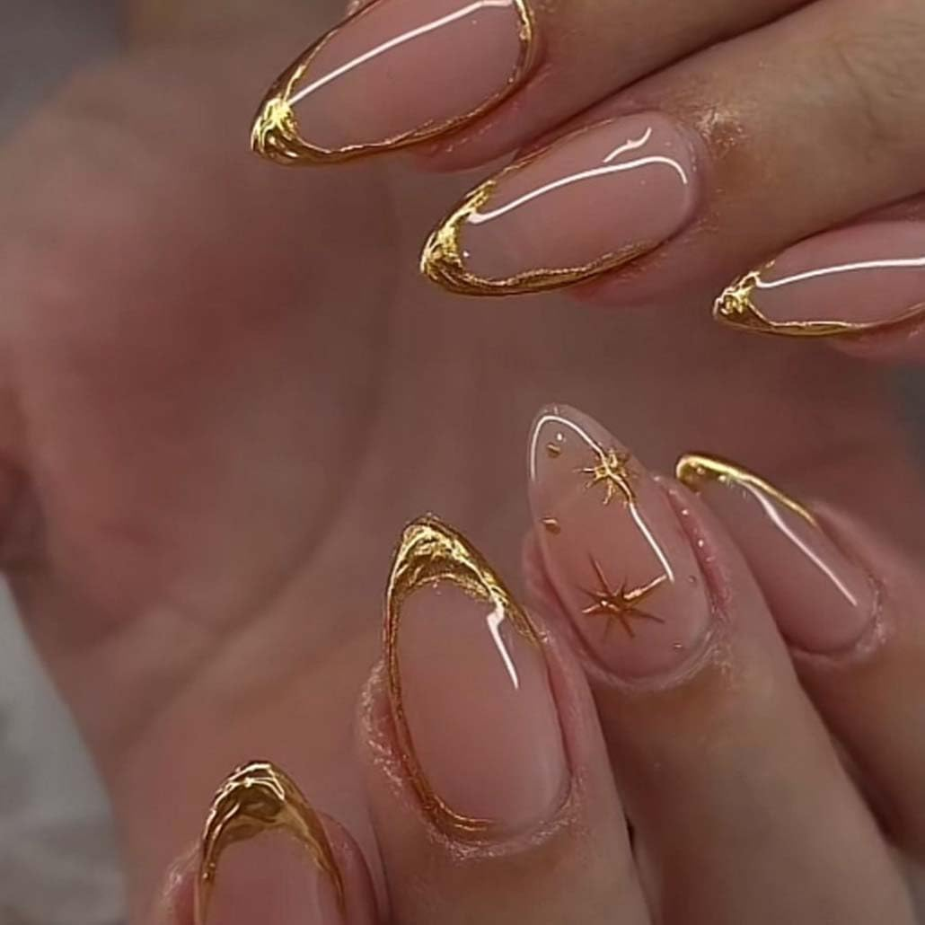 Foccna Press on Nails Almond Fake Nails with Gold Line Design Glue on Nails Acrylic Nails Glossy Full Cover Stick on Nails for Women 24Pcs image number 2
