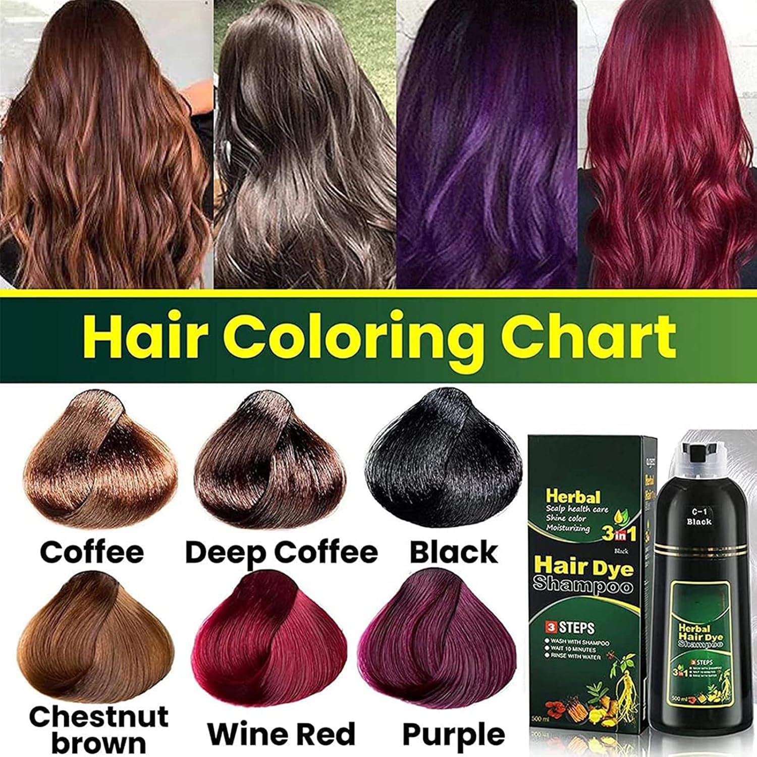 10 Mins Herbal Hair Darkening Shampoo, 500Ml Natural Herbal Hair Dye Shampoo 3 in 1, Multi-Color Hair Dye for Men and Women, Instant Shine Cares for Your Hair (Black) - Chestnut image number 2