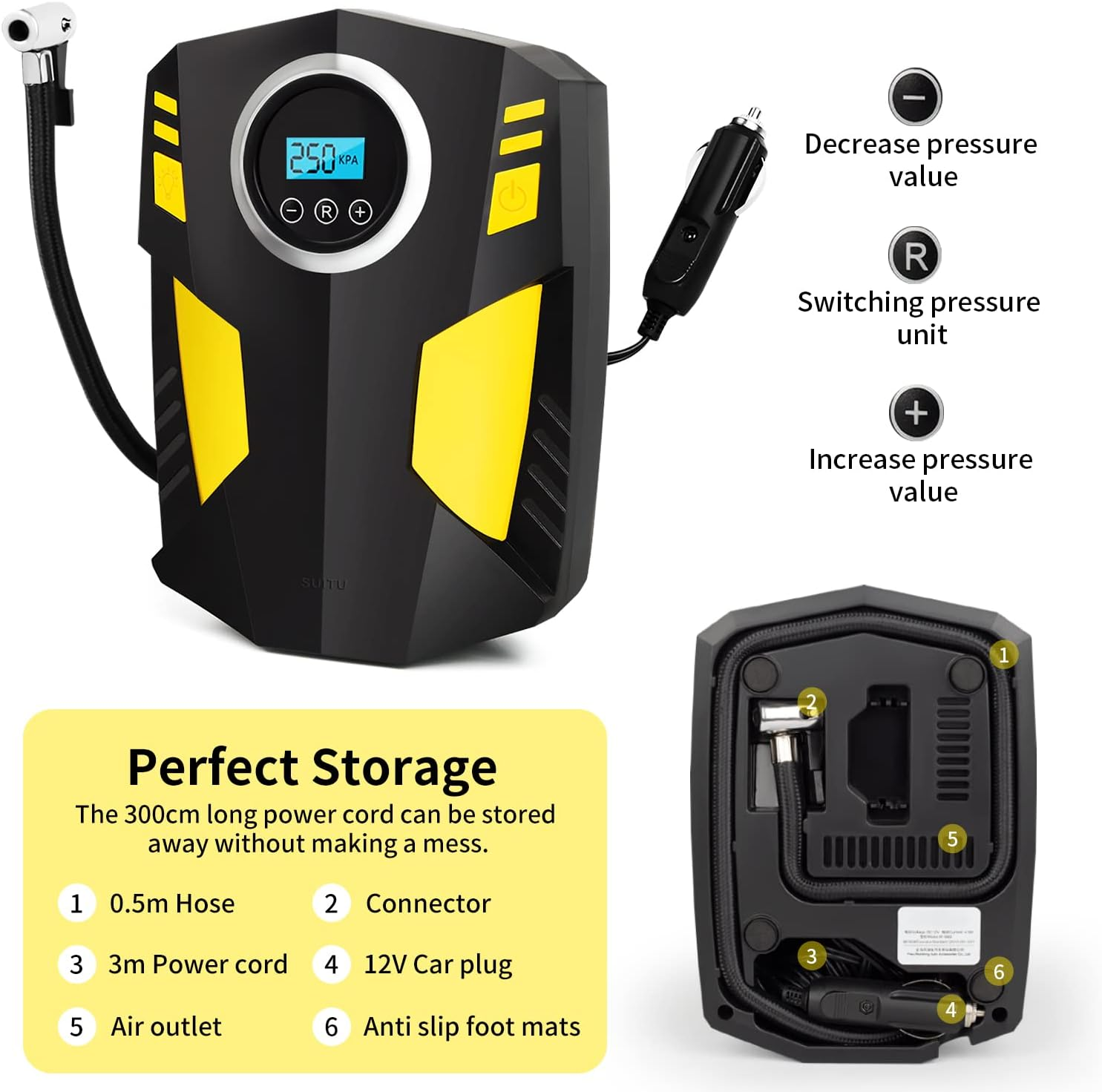 CUIFULI 12V Portable Car Tyre Inflator, Electric Air Pump, Digital Air Compressor, Automotive Tyre Inflator with LED Light, 4 Nozzles, Extra Fuse image number 1