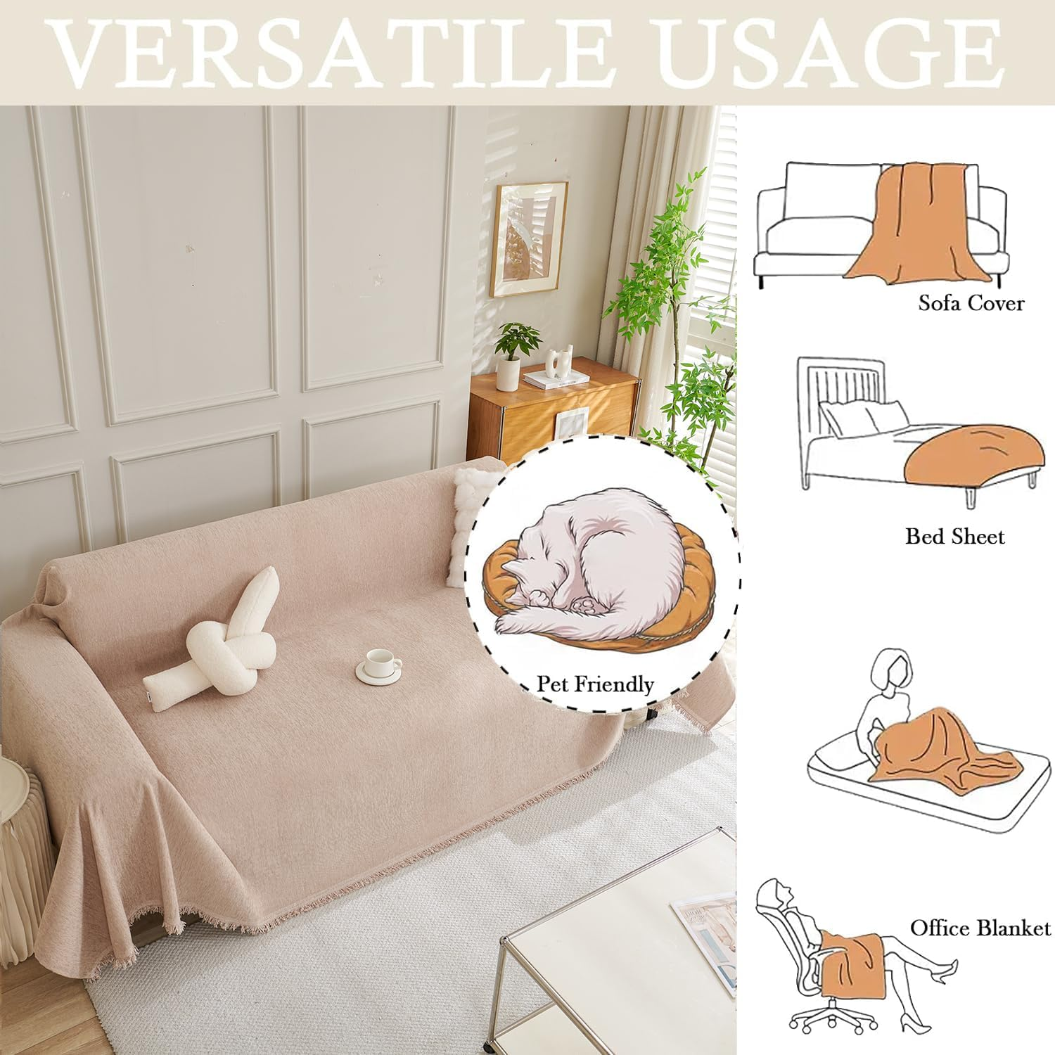 Couch Covers for Dogs, Chenille Sofa Cover,L-Shape Sofa Slipcovers - Washable Sectional Protector, Non-Slip Furniture Covers with Tassel, Boho Style Pet-Friendly (Khaki, L(180Cm*300Cm))